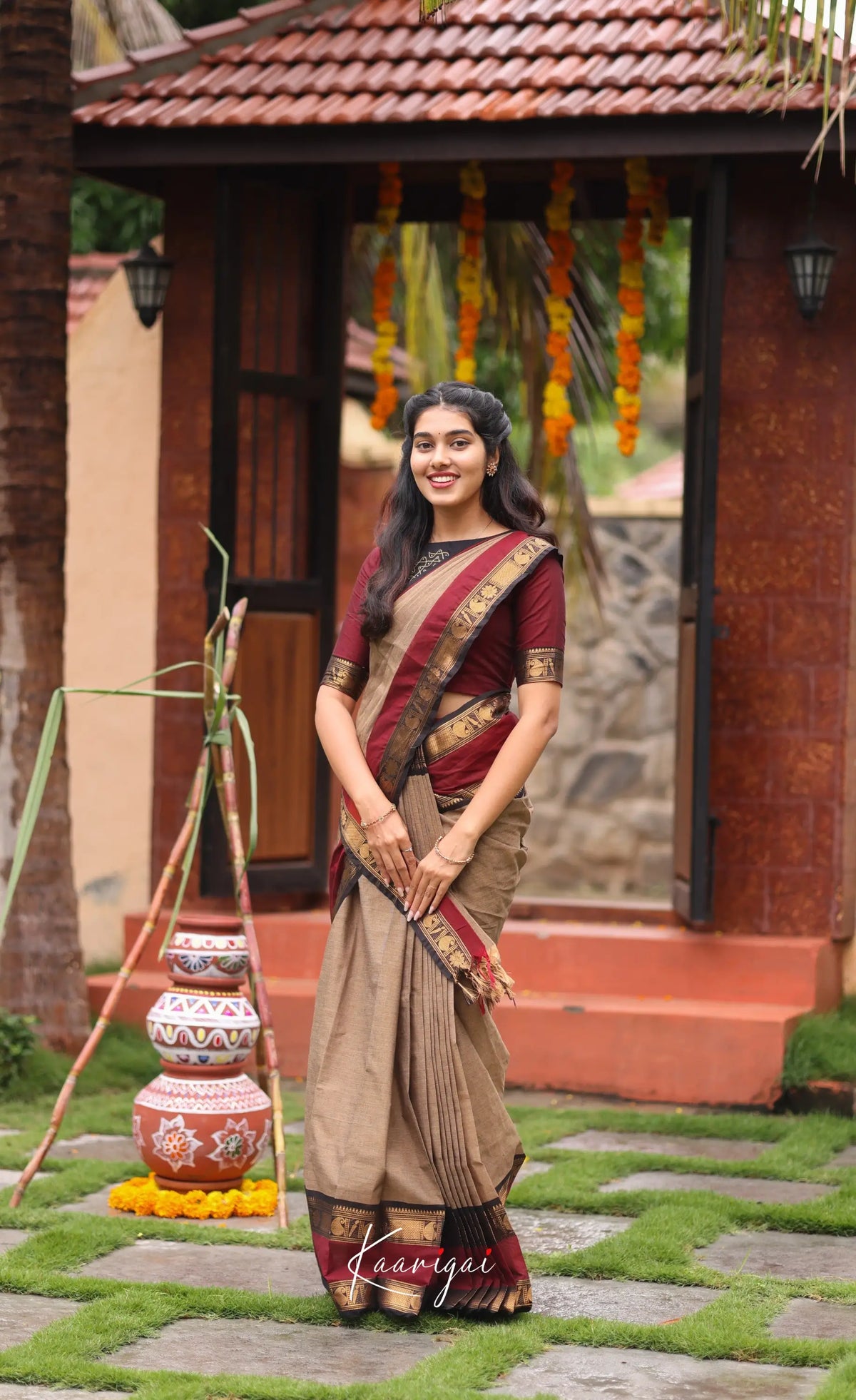 Chettinad Cotton Saree - Beige and Dark Maroon Sarees