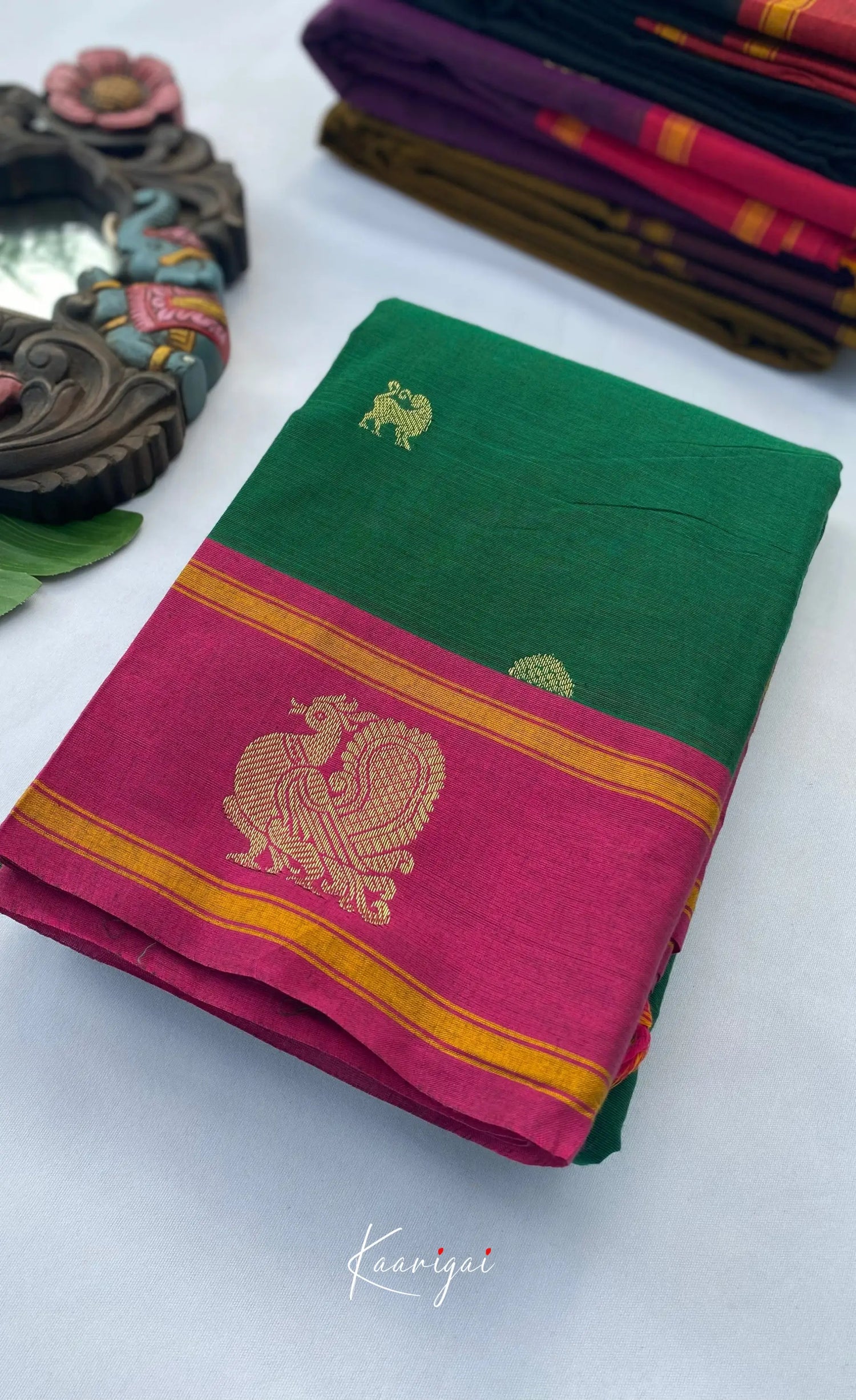 Chettinad Cotton Saree - Dark Green with Pink Sarees