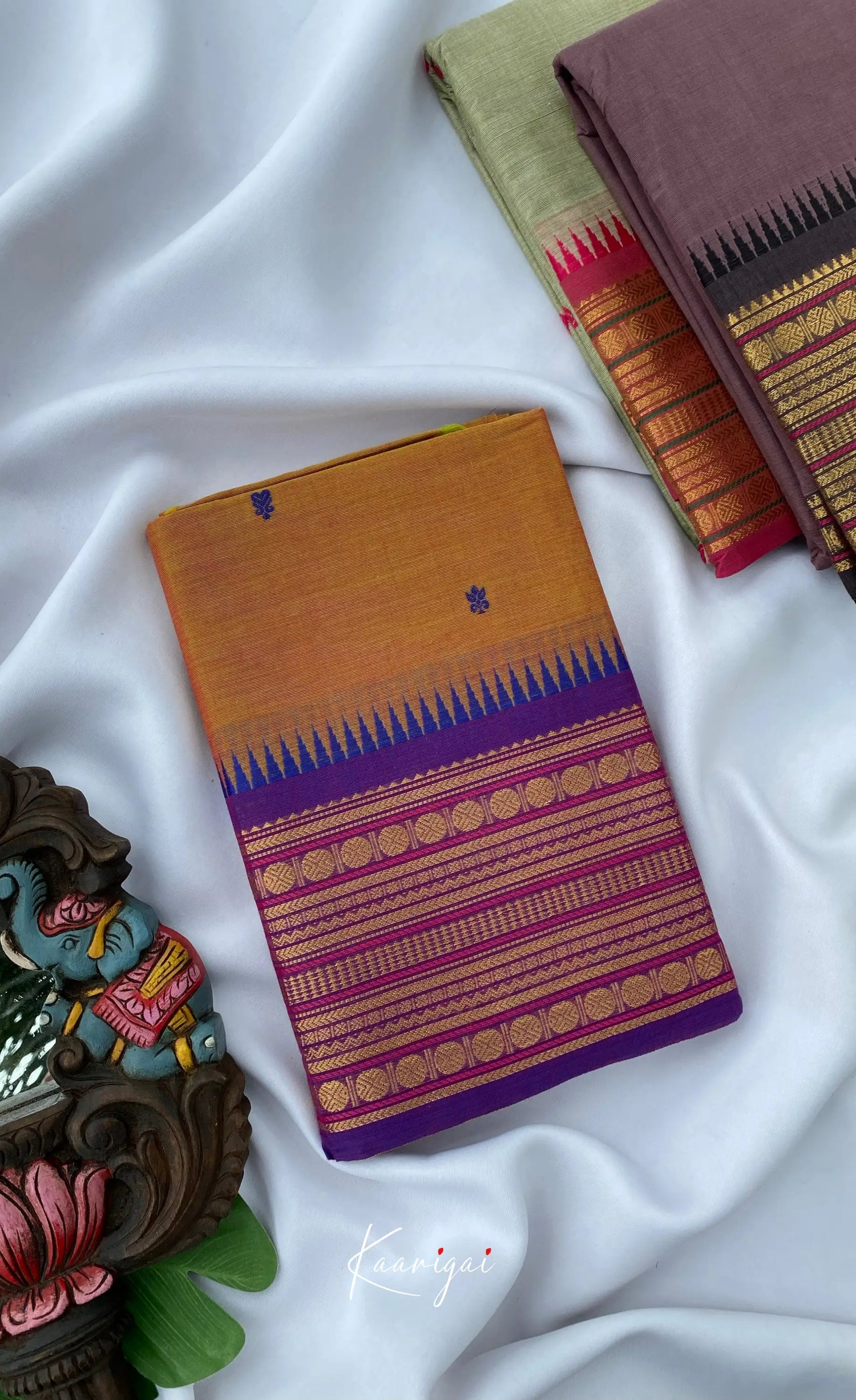 Chettinad Cotton Saree - Dark yellow with Violet Sarees