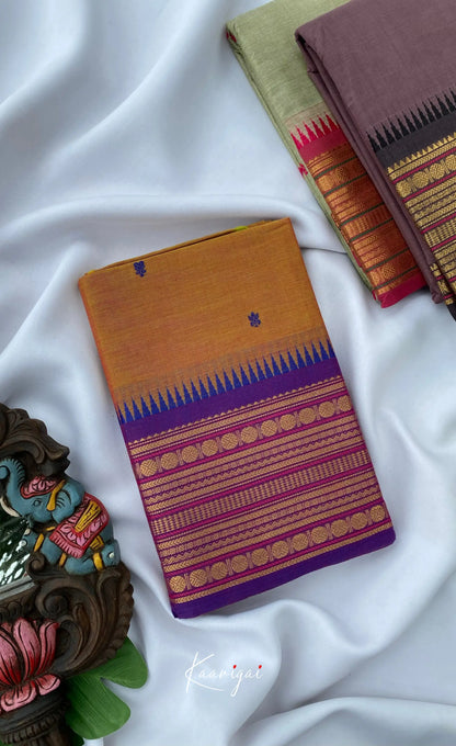 Chettinad Cotton Saree - Dark yellow with Violet Sarees