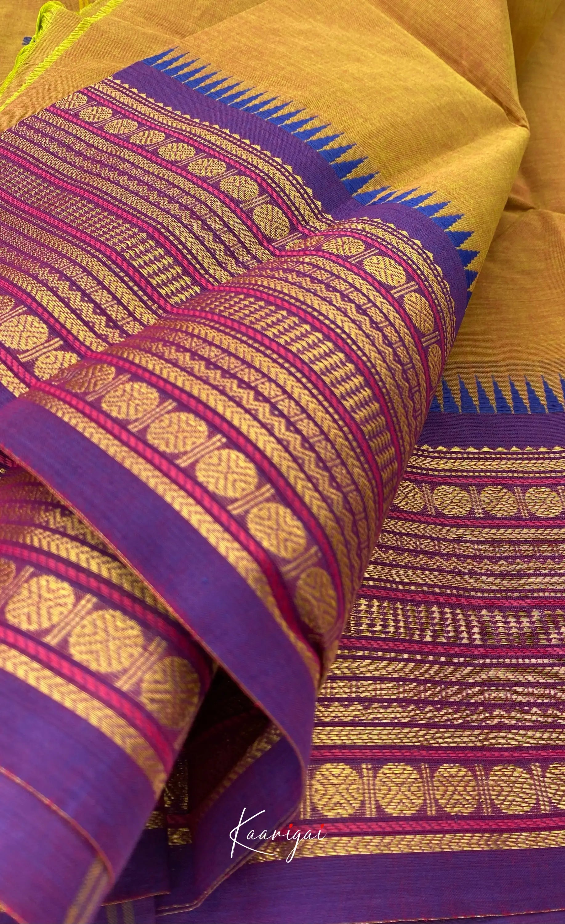 Chettinad Cotton Saree - Dark yellow with Violet Sarees