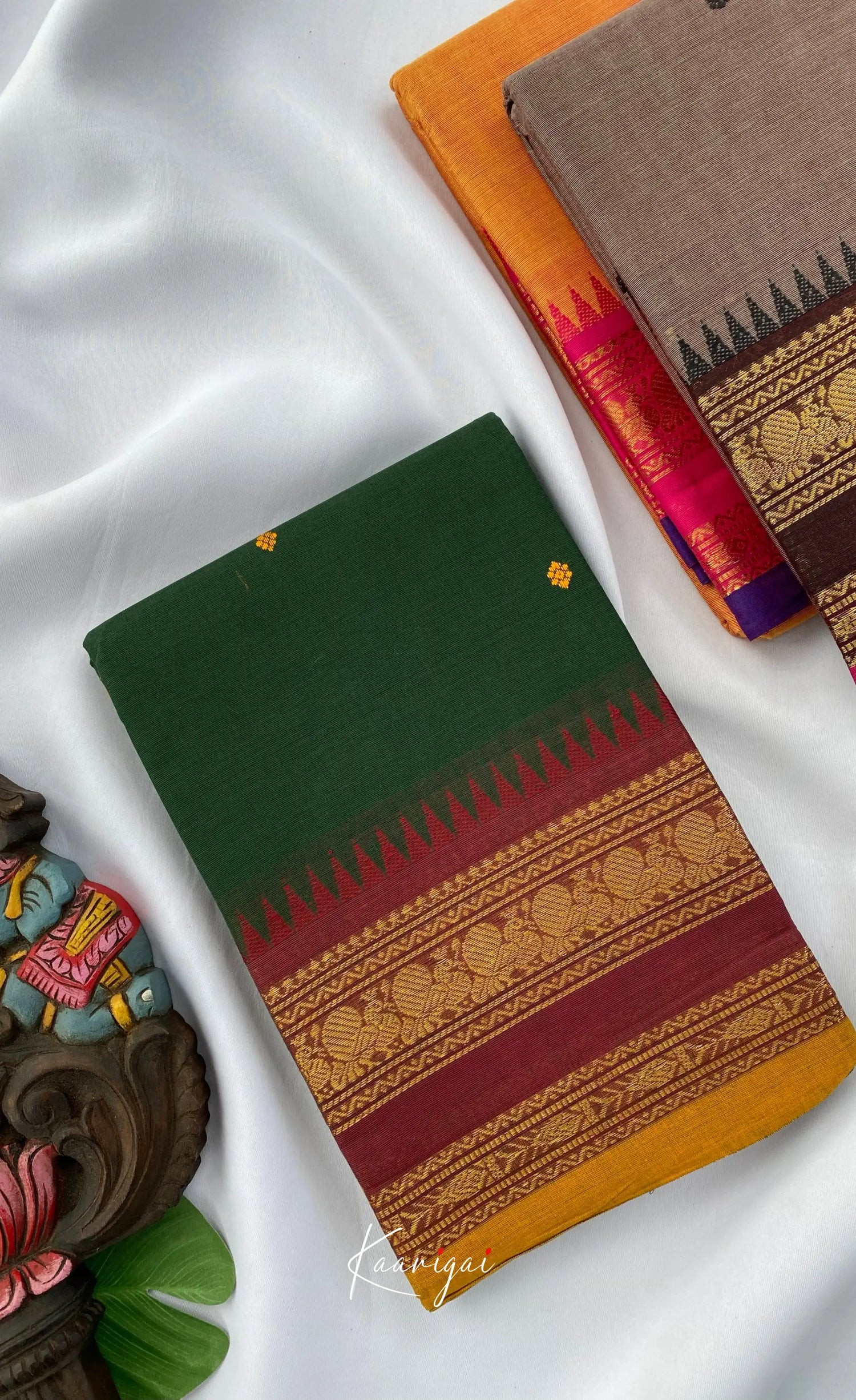 Chettinad Cotton Saree - Deep green with Maroon Sarees