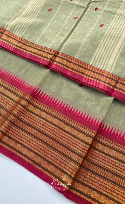 Chettinad Cotton Saree - Greenish Grey with Magenta Pink Sarees
