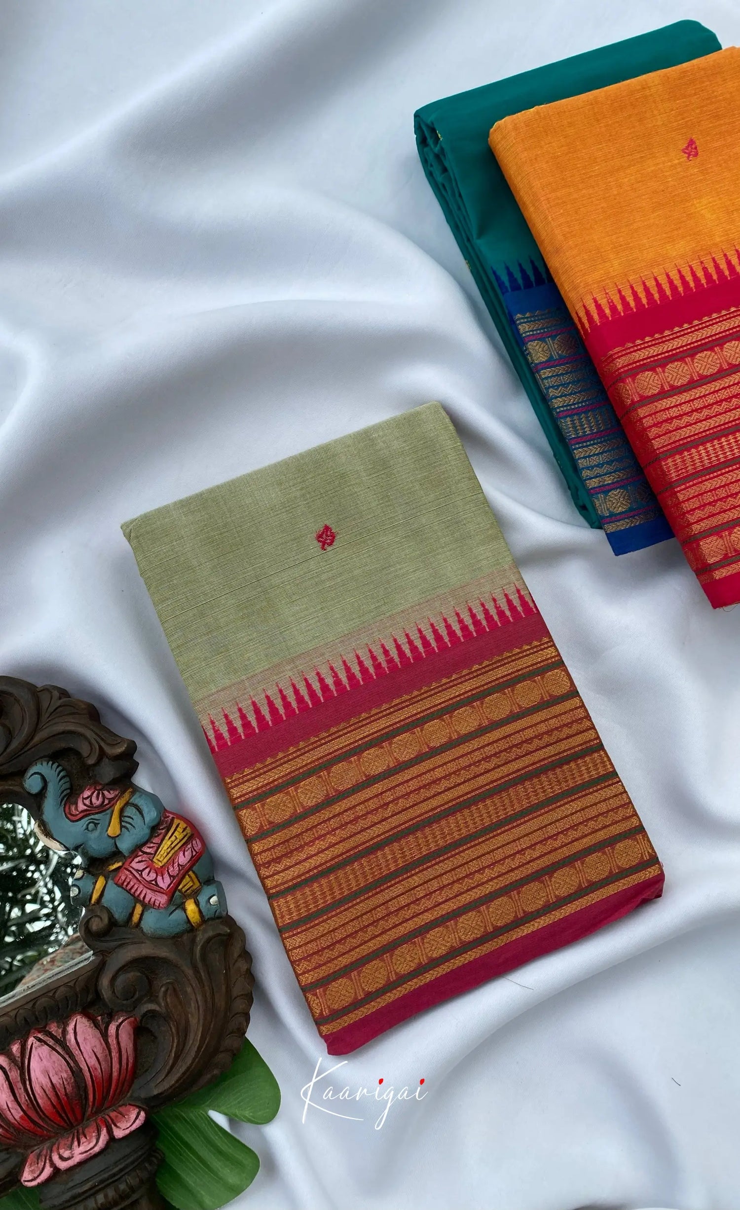 Chettinad Cotton Saree - Greenish Grey with Magenta Pink Sarees