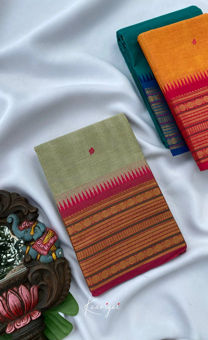Chettinad Cotton Saree - Greenish Grey with Magenta Pink Sarees