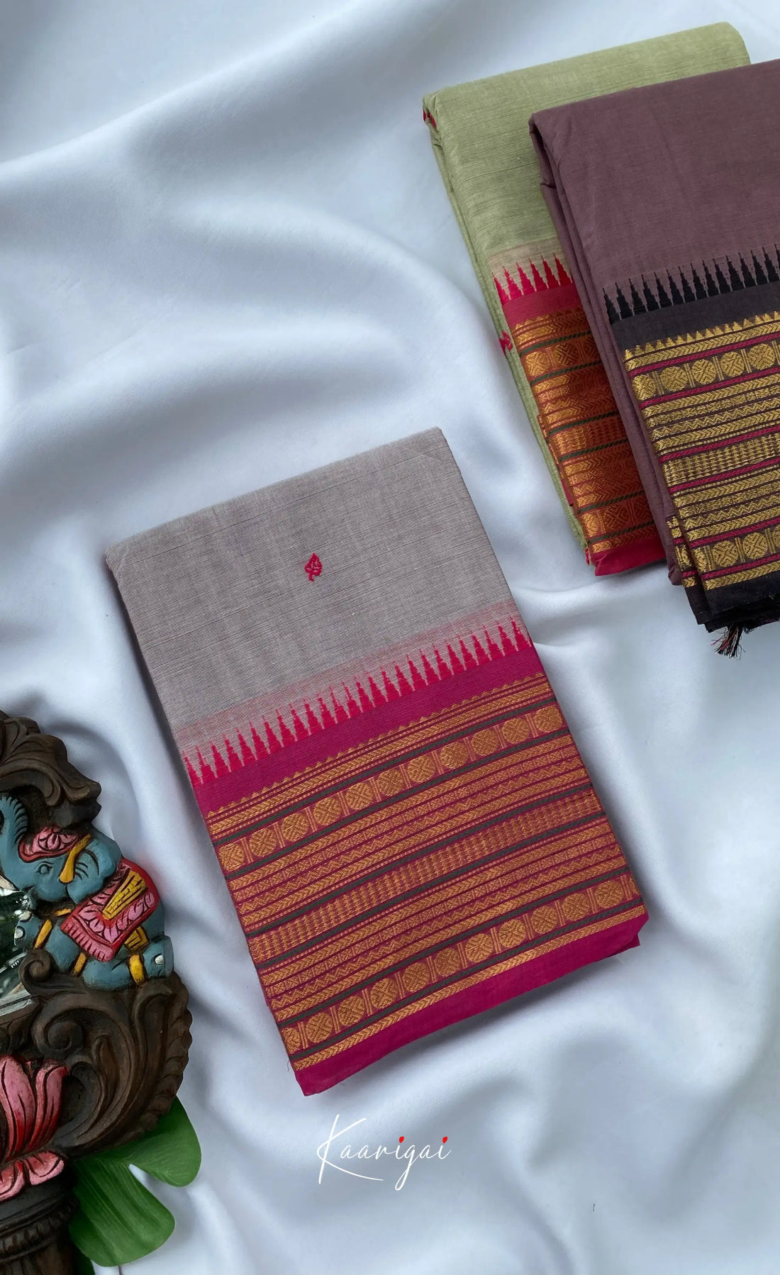 Chettinad Cotton Saree - Light Grey with Magenta Pink Sarees