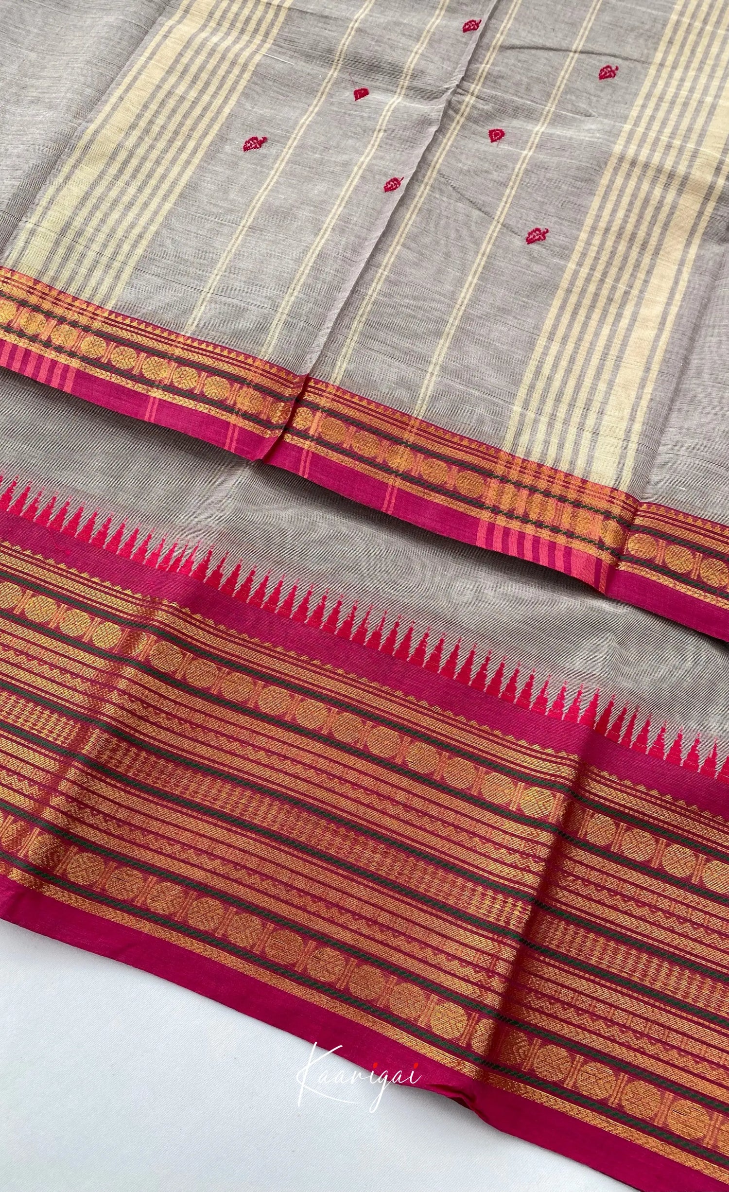 Chettinad Cotton Saree - Light Grey with Magenta Pink Sarees