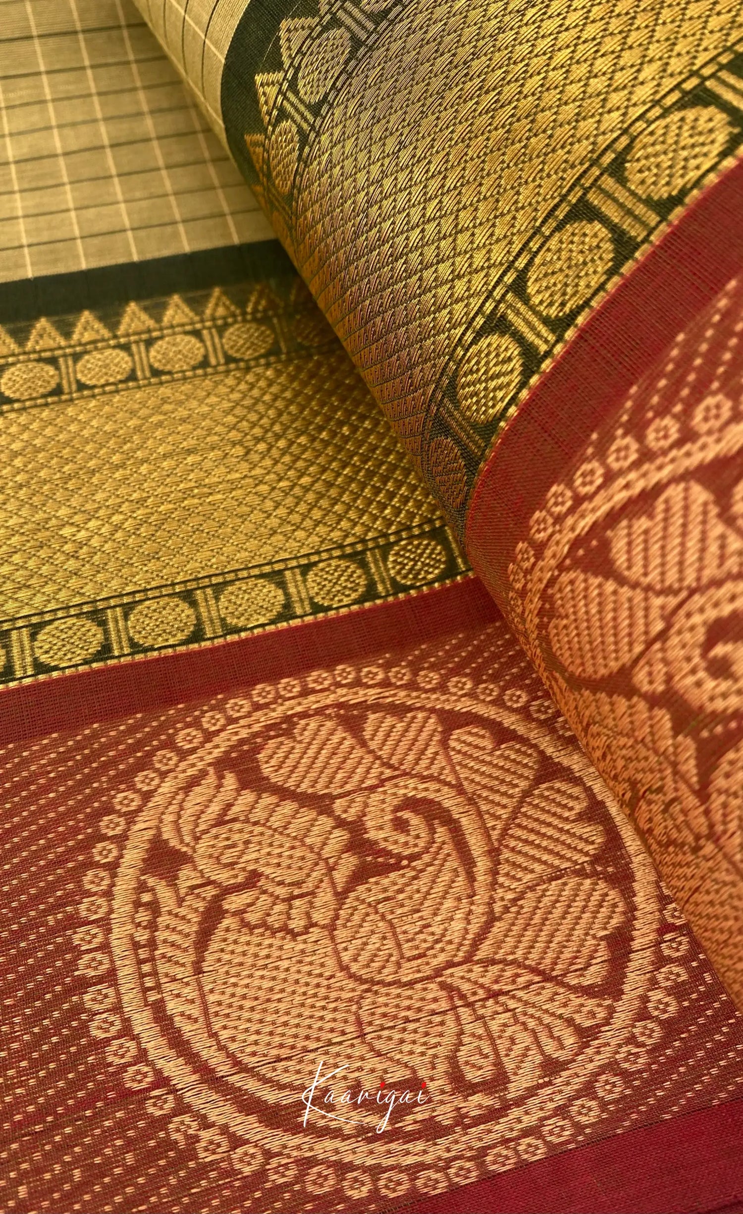 Chettinad Cotton Saree - Olive grey tone and Maroon shade Sarees