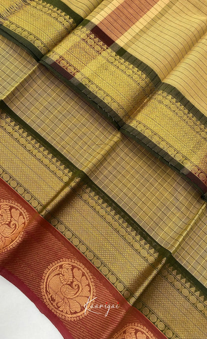 Chettinad Cotton Saree - Olive grey tone and Maroon shade Sarees