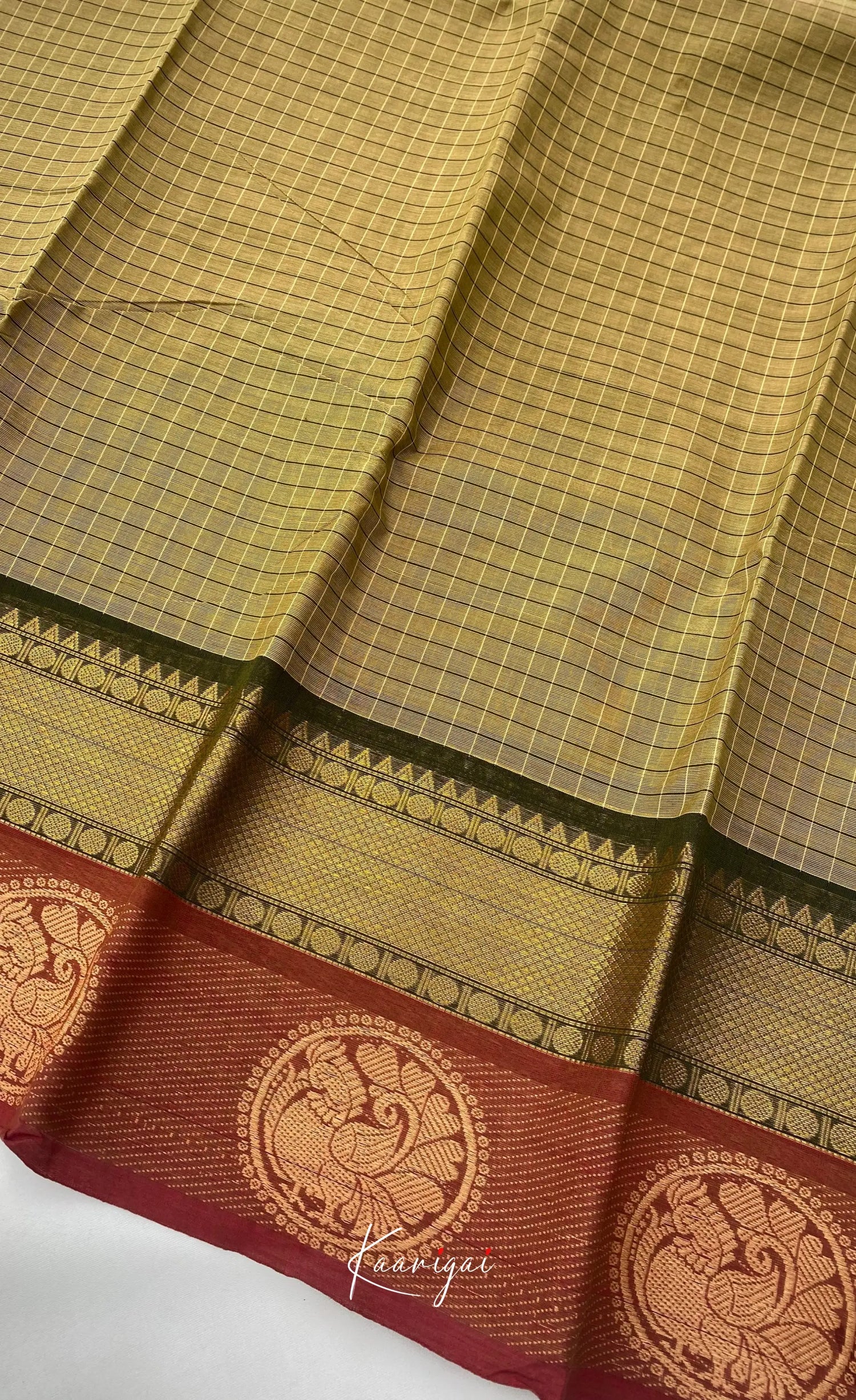 Chettinad Cotton Saree - Olive grey tone and Maroon shade Sarees
