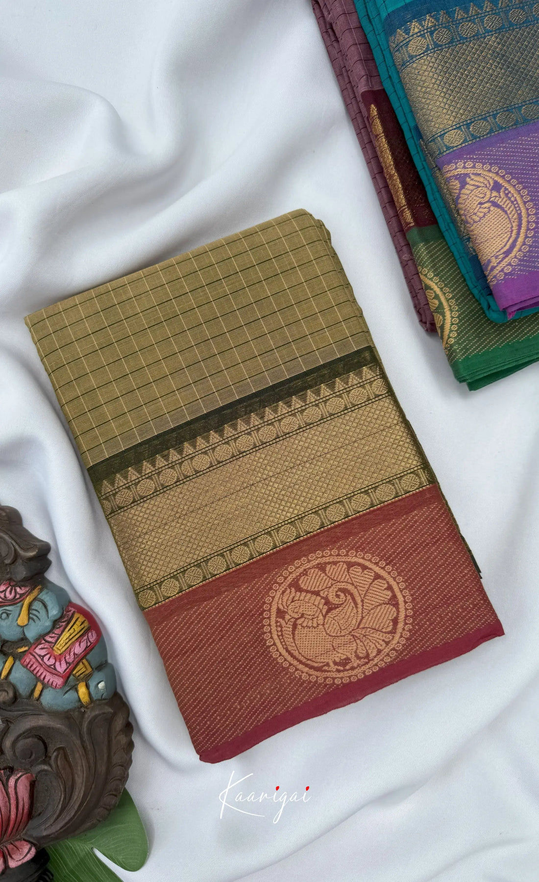 Chettinad Cotton Saree - Olive grey tone and Maroon shade Sarees