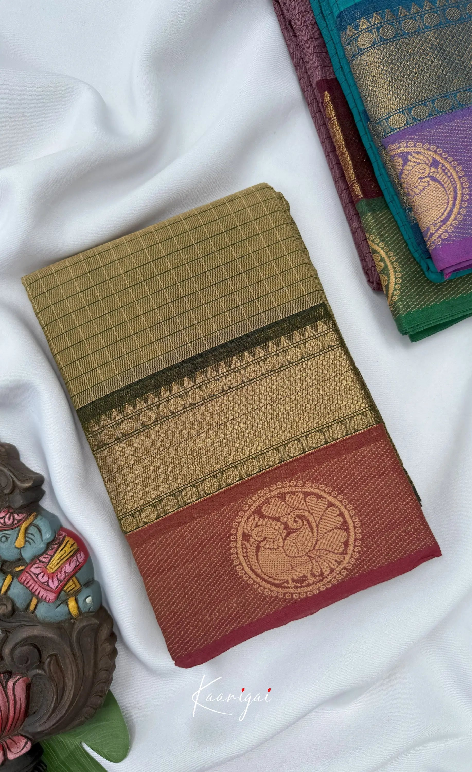 Chettinad Cotton Saree - Olive grey tone and Maroon shade Sarees