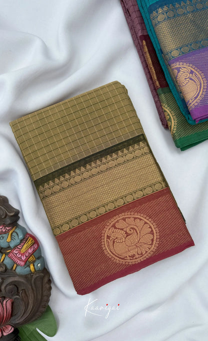 Chettinad Cotton Saree - Olive grey tone and Maroon shade Sarees