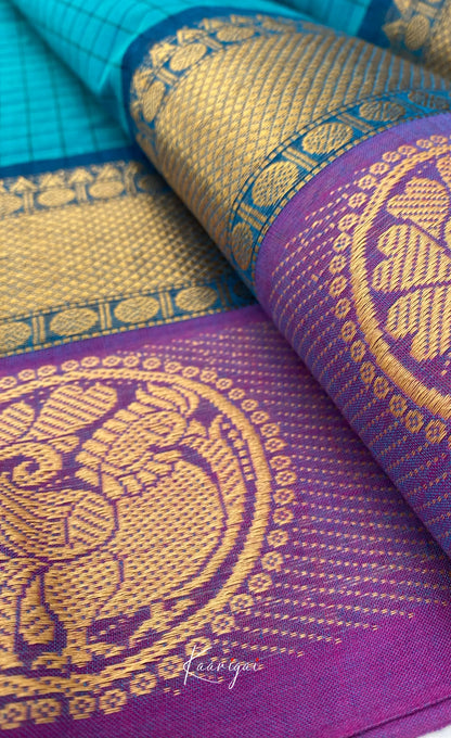Chettinad Cotton Saree - Teal blue shade and Purple tone Sarees
