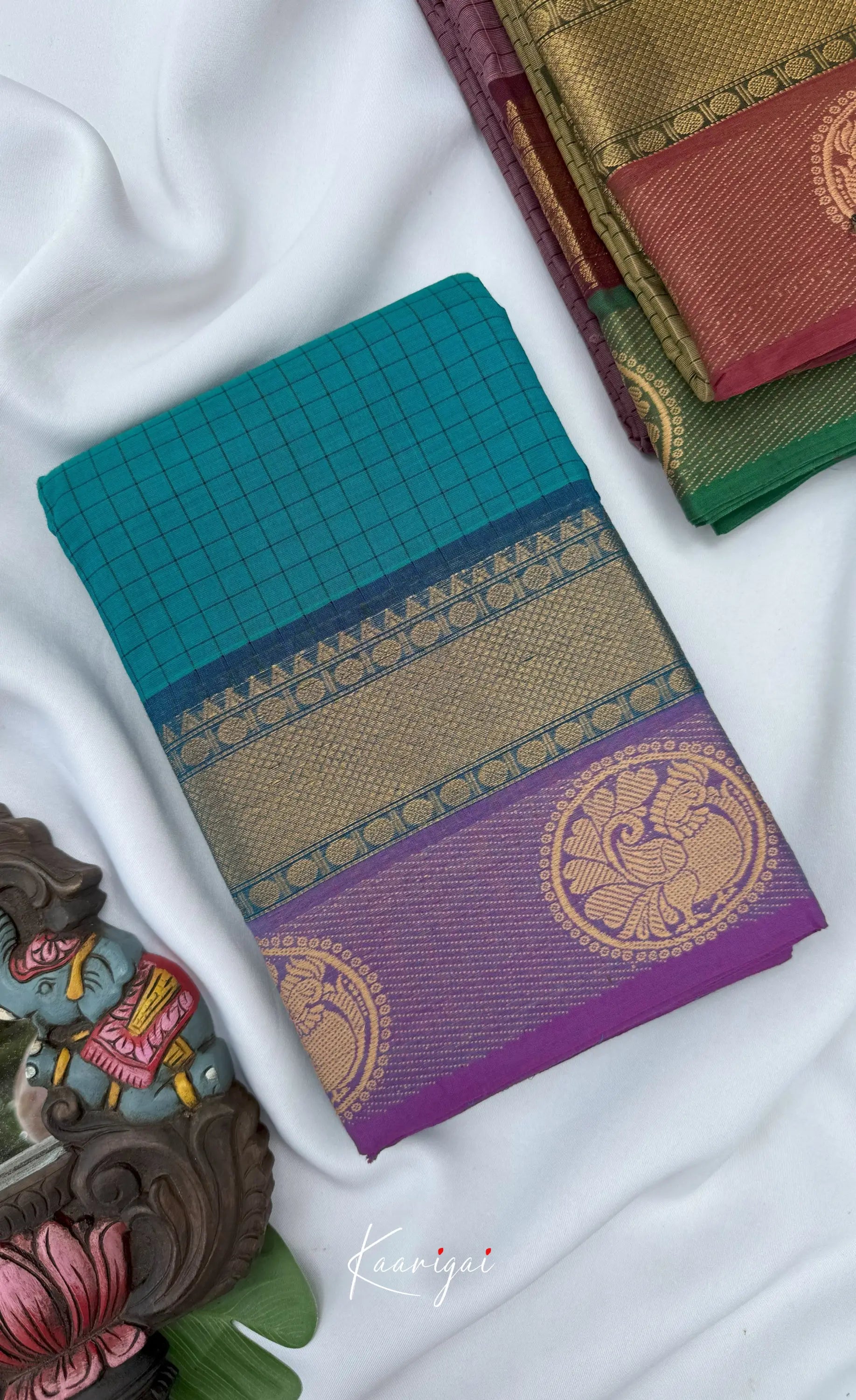 Chettinad Cotton Saree - Teal blue shade and Purple tone Sarees