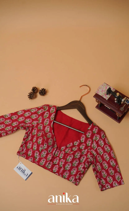 Jaipur Hand Block Printed Stretchable Blouse - Red shade