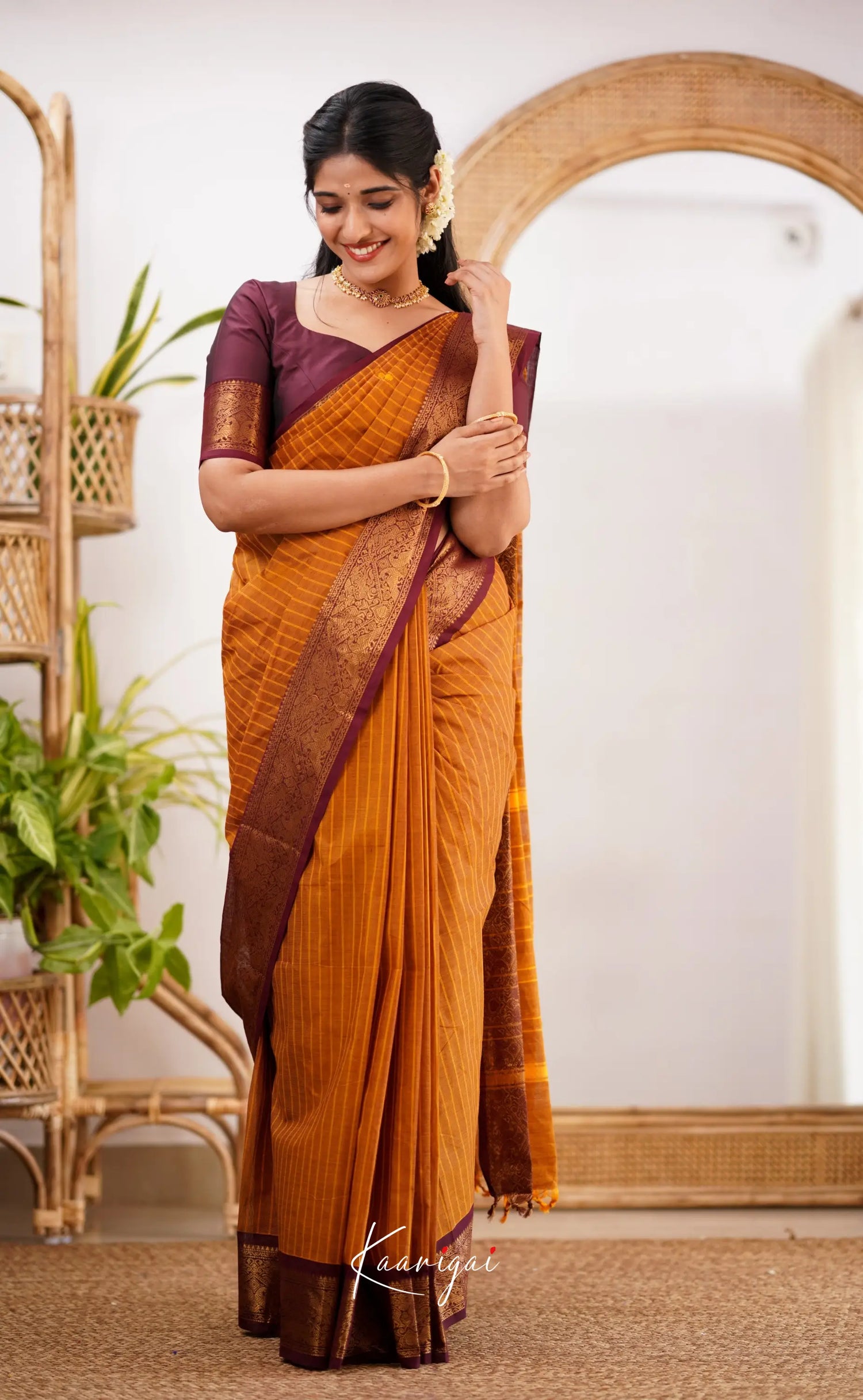 Kamakshi Dark Mustard Shade And Maroon Tone Sarees