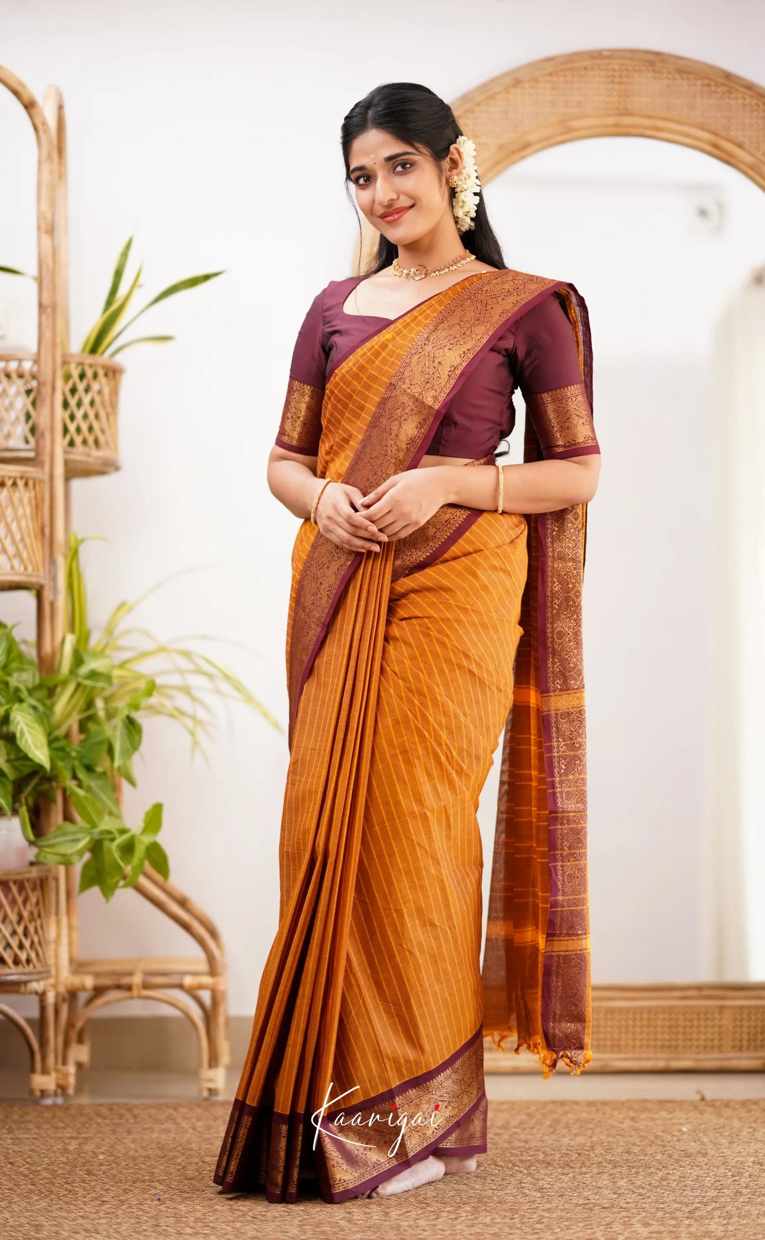 Kamakshi Dark Mustard Shade And Maroon Tone Sarees