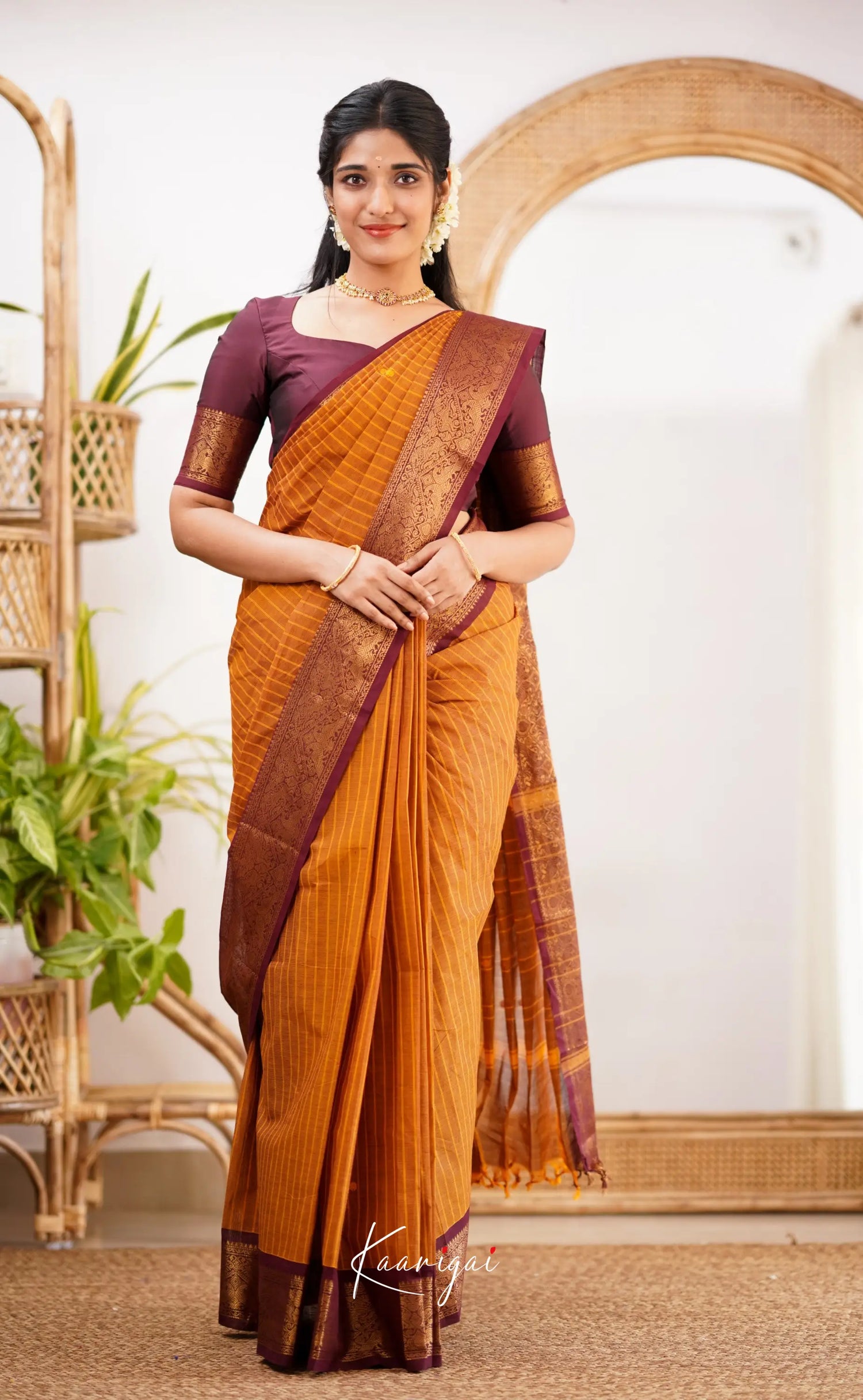 Kamakshi Dark Mustard Shade And Maroon Tone Sarees