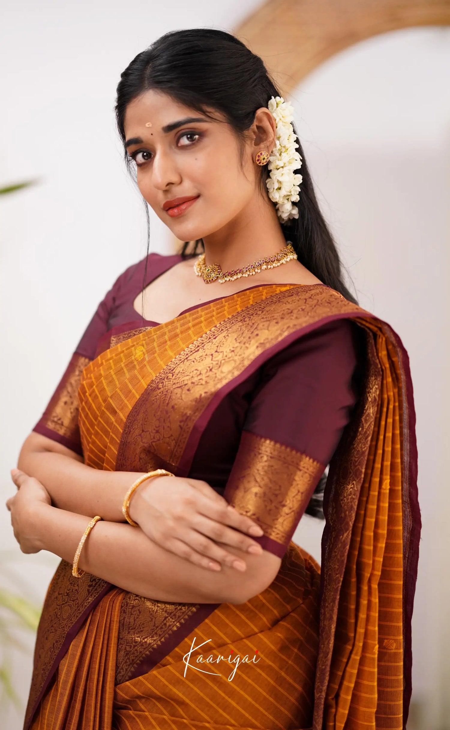 Kamakshi Dark Mustard Shade And Maroon Tone Sarees