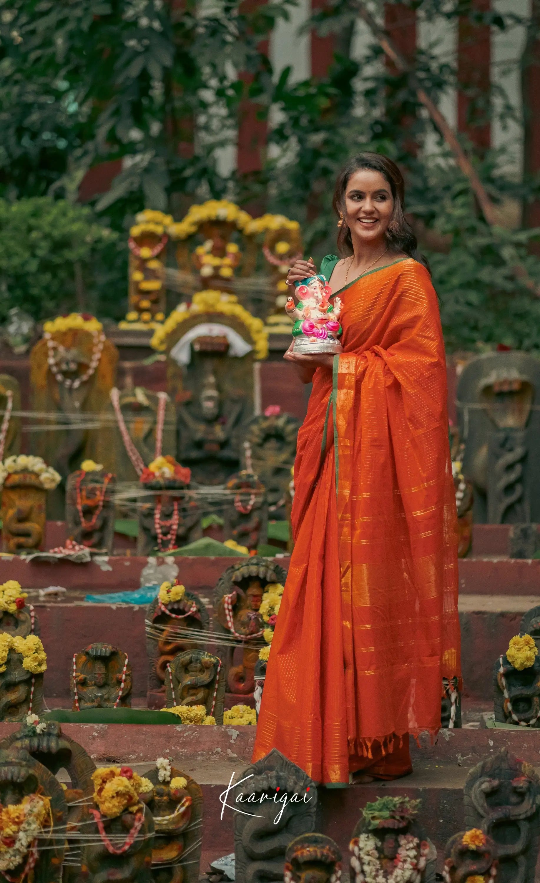 Kamakshi - Shade Of Orange And Green Tone Kanchi Cotton Saree Sarees