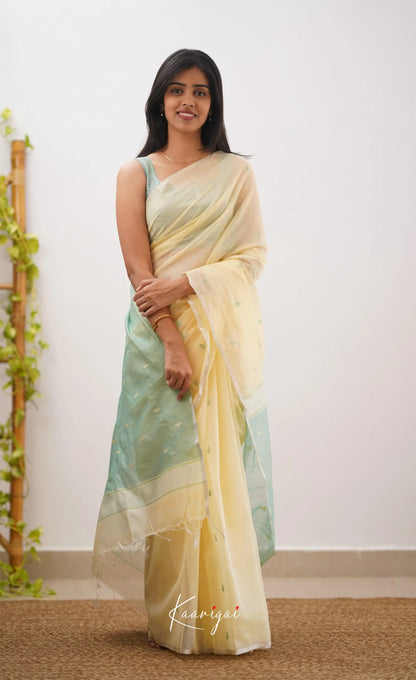 Aadrika- Cream And Light Teal Pure Maheshwari Silk Cotton Saree Sarees