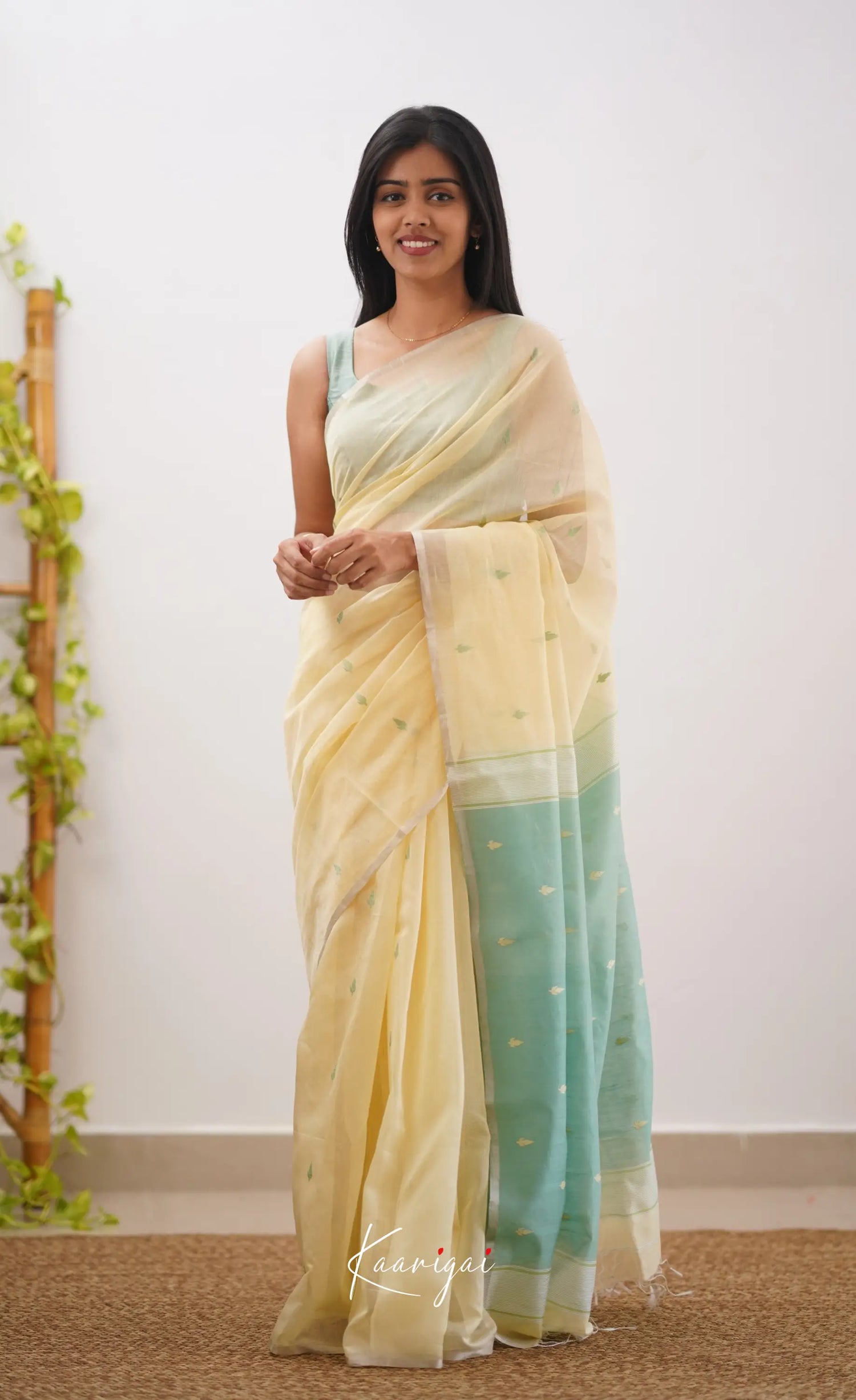 Aadrika- Cream And Light Teal Pure Maheshwari Silk Cotton Saree Sarees