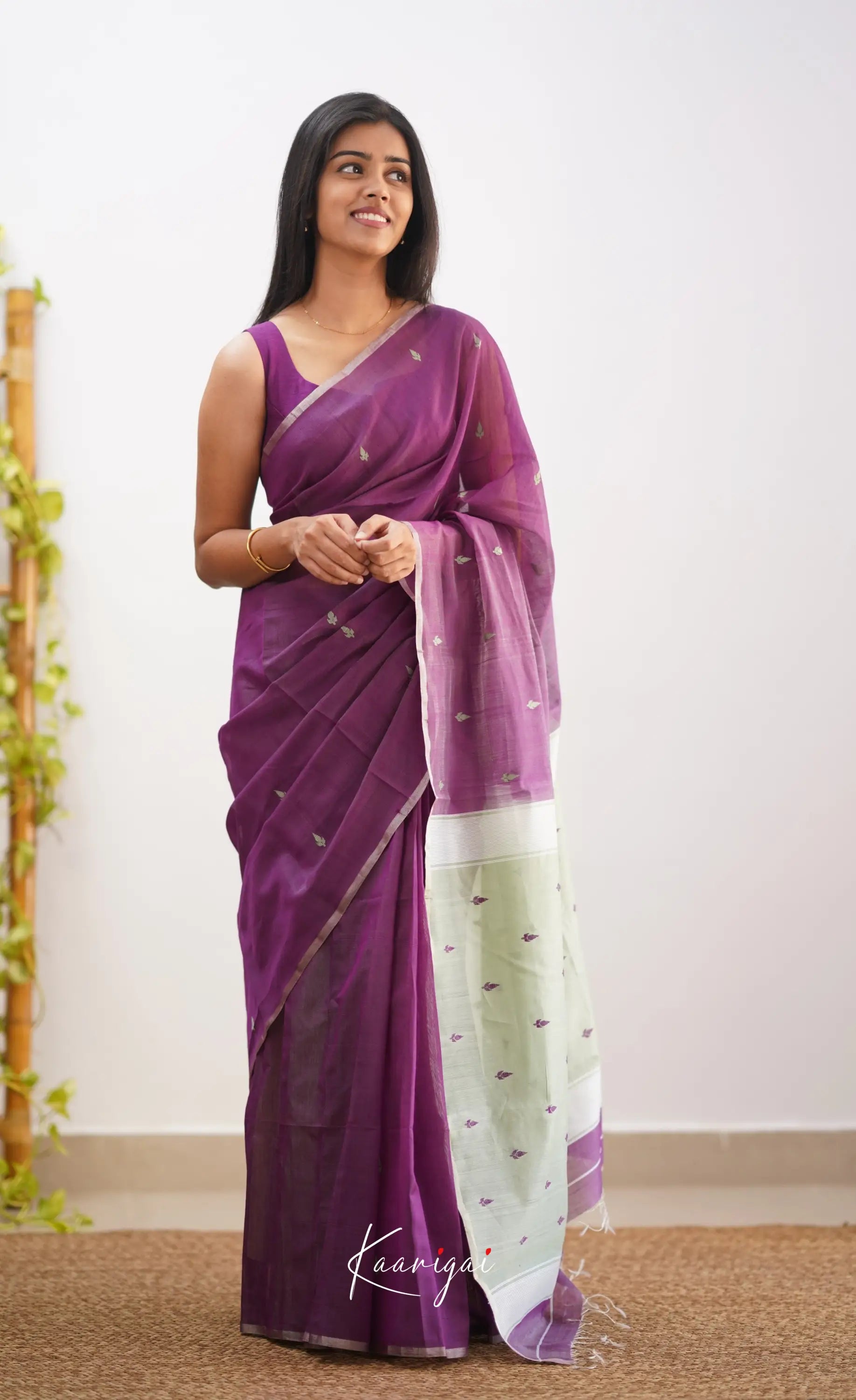 Aadrika- Dark Purple And Pastel Green Pure Maheshwari Silk Cotton Saree Sarees