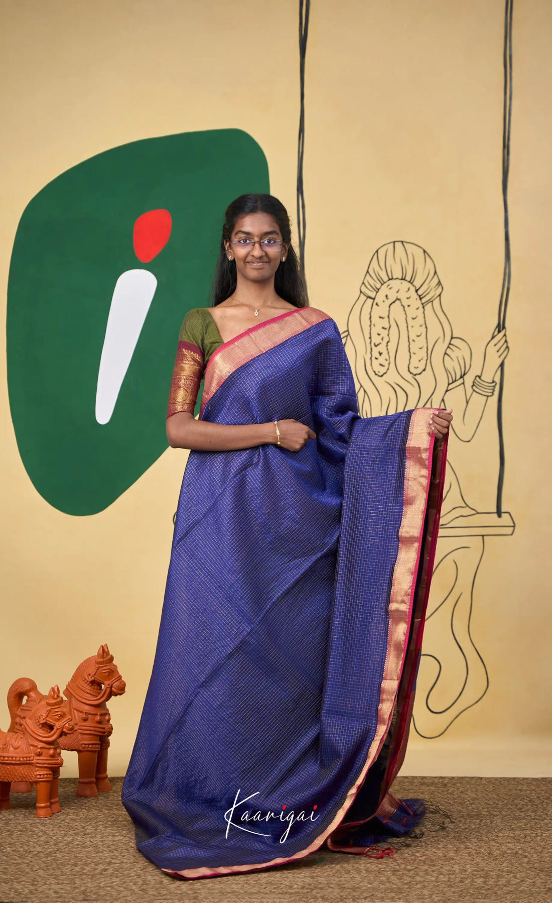 Maanvi Maheswari Silk Cotton Saree - Dark blue and Maroon - Sarees