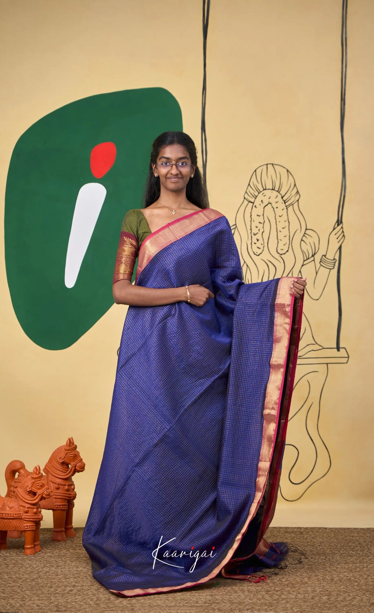 Maanvi Maheswari Silk Cotton Saree - Dark blue and Maroon - Sarees