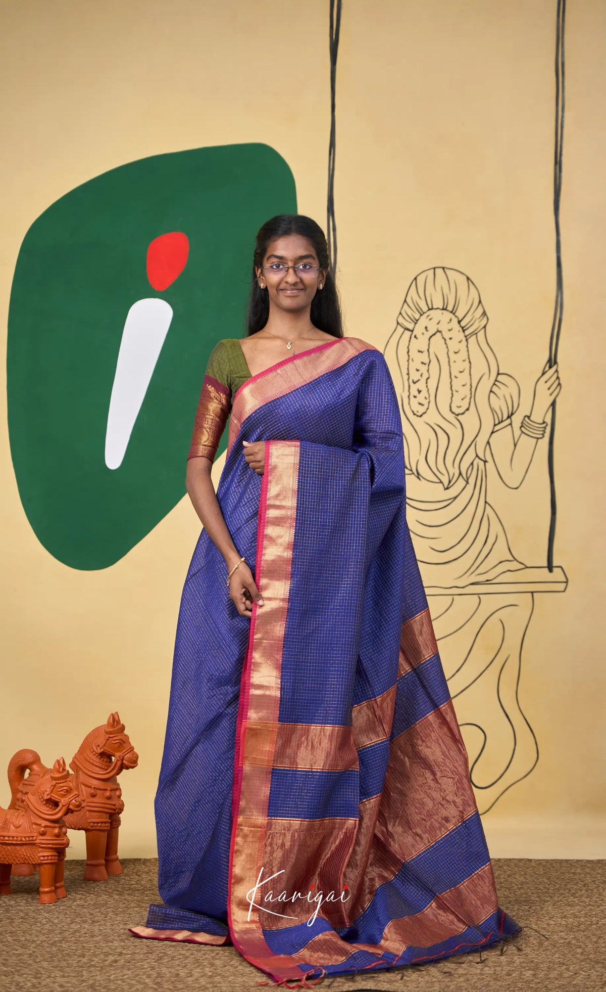 Maanvi Maheswari Silk Cotton Saree - Dark blue and Maroon - Sarees