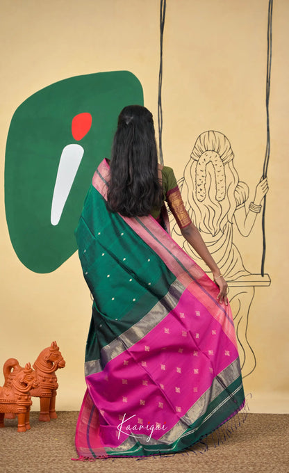 Maanvi Maheswari Silk Cotton Saree - Deep green and Bright pink - Sarees