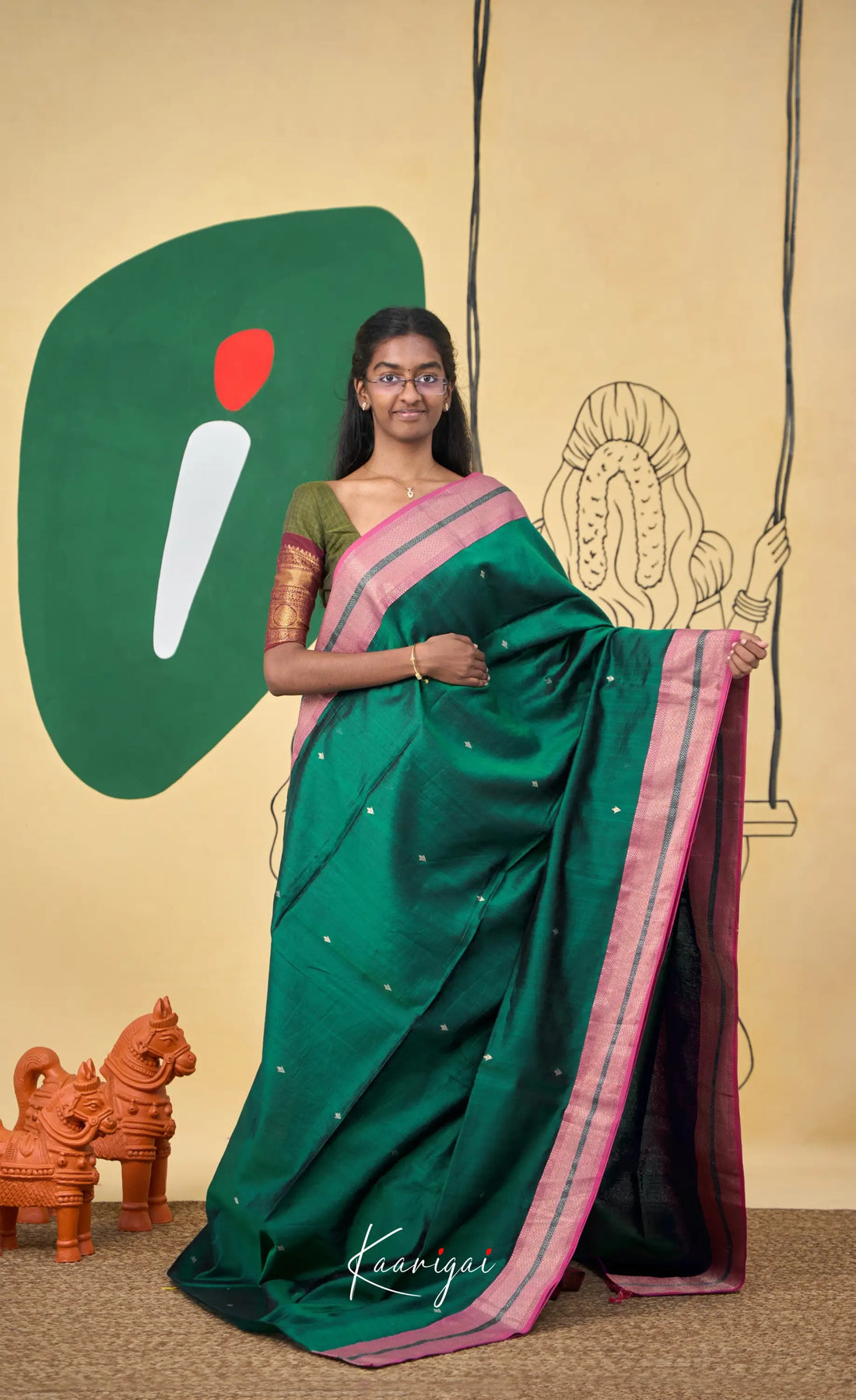 Maanvi Maheswari Silk Cotton Saree - Deep green and Bright pink - Sarees