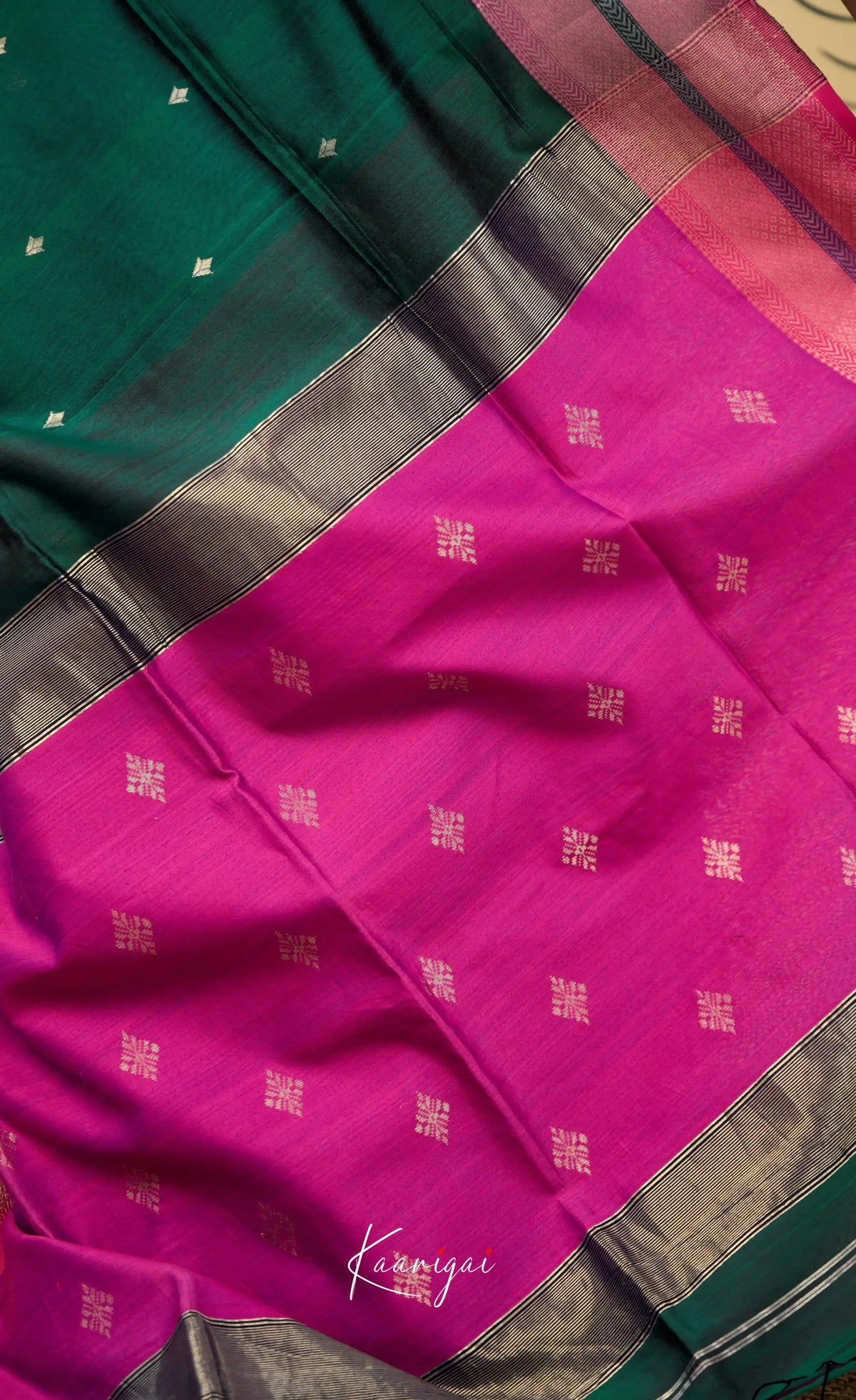 Maanvi Maheswari Silk Cotton Saree - Deep green and Bright pink - Sarees