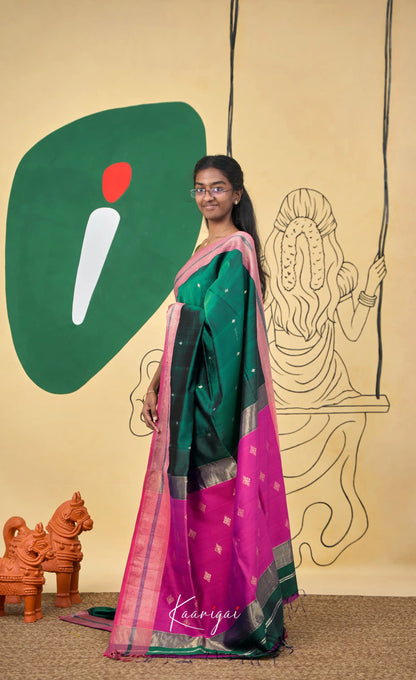 Maanvi Maheswari Silk Cotton Saree - Deep green and Bright pink - Sarees