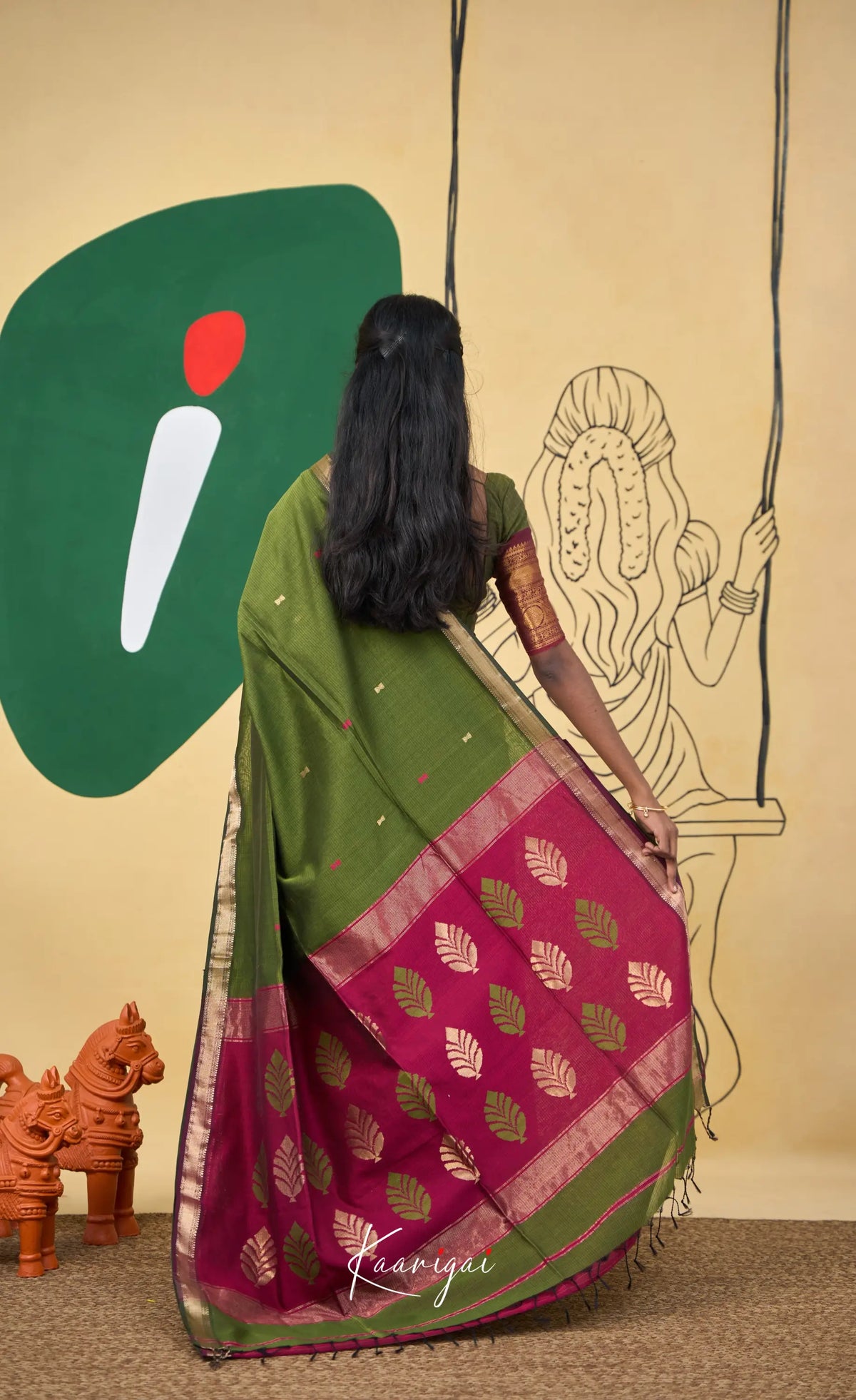 Maanvi Maheswari Silk Cotton Saree - Henna green and Pinkish maroon - Sarees