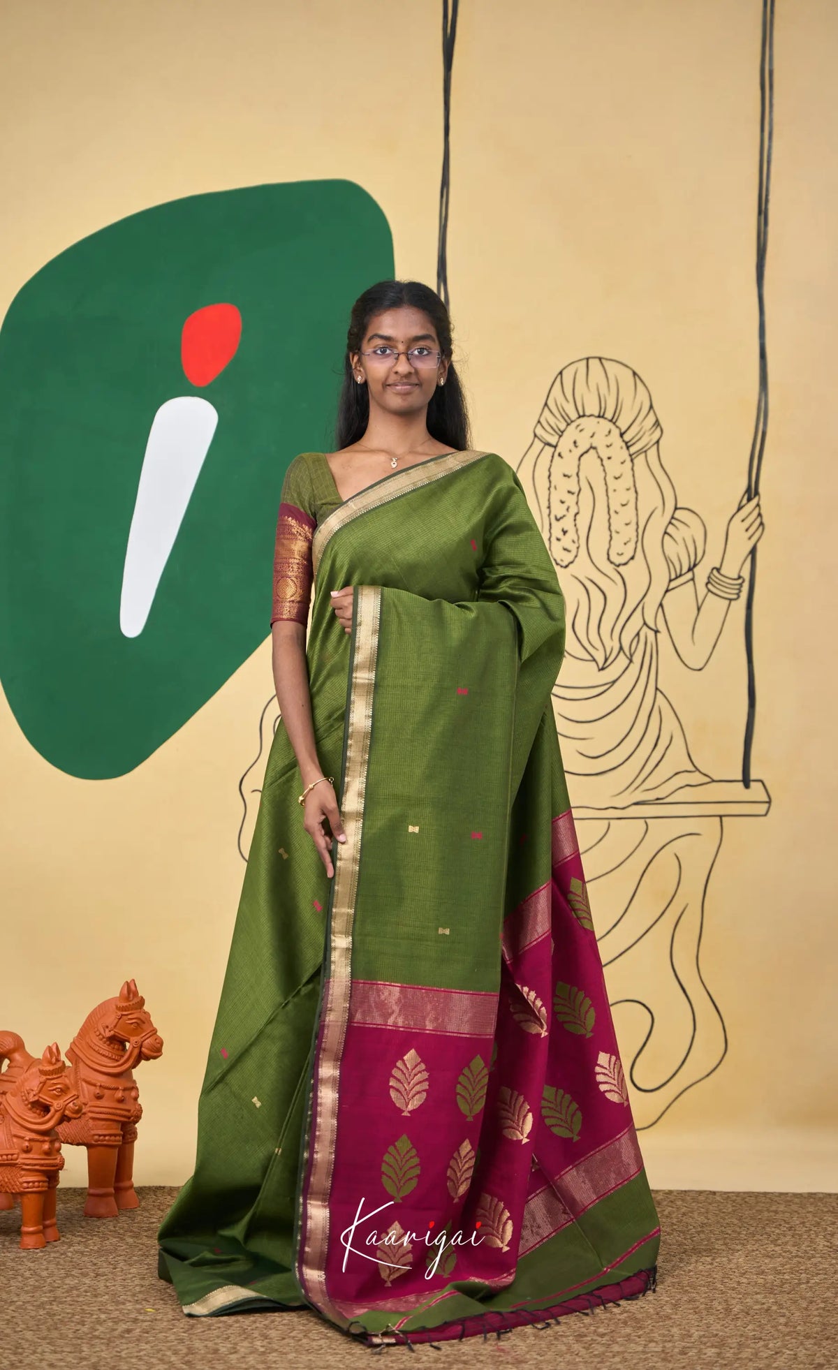 Maanvi Maheswari Silk Cotton Saree - Henna green and Pinkish maroon - Sarees