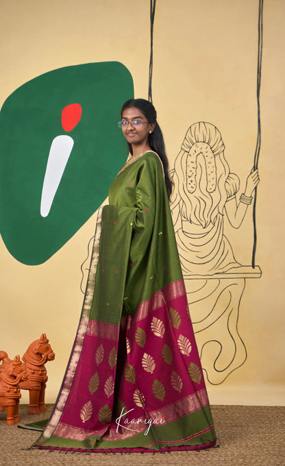 Maanvi Maheswari Silk Cotton Saree - Henna green and Pinkish maroon - Sarees