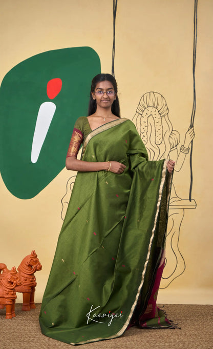 Maanvi Maheswari Silk Cotton Saree - Henna green and Pinkish maroon - Sarees