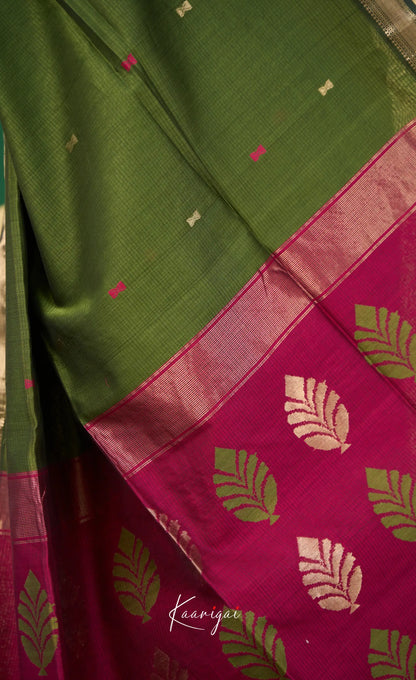 Maanvi Maheswari Silk Cotton Saree - Henna green and Pinkish maroon - Sarees