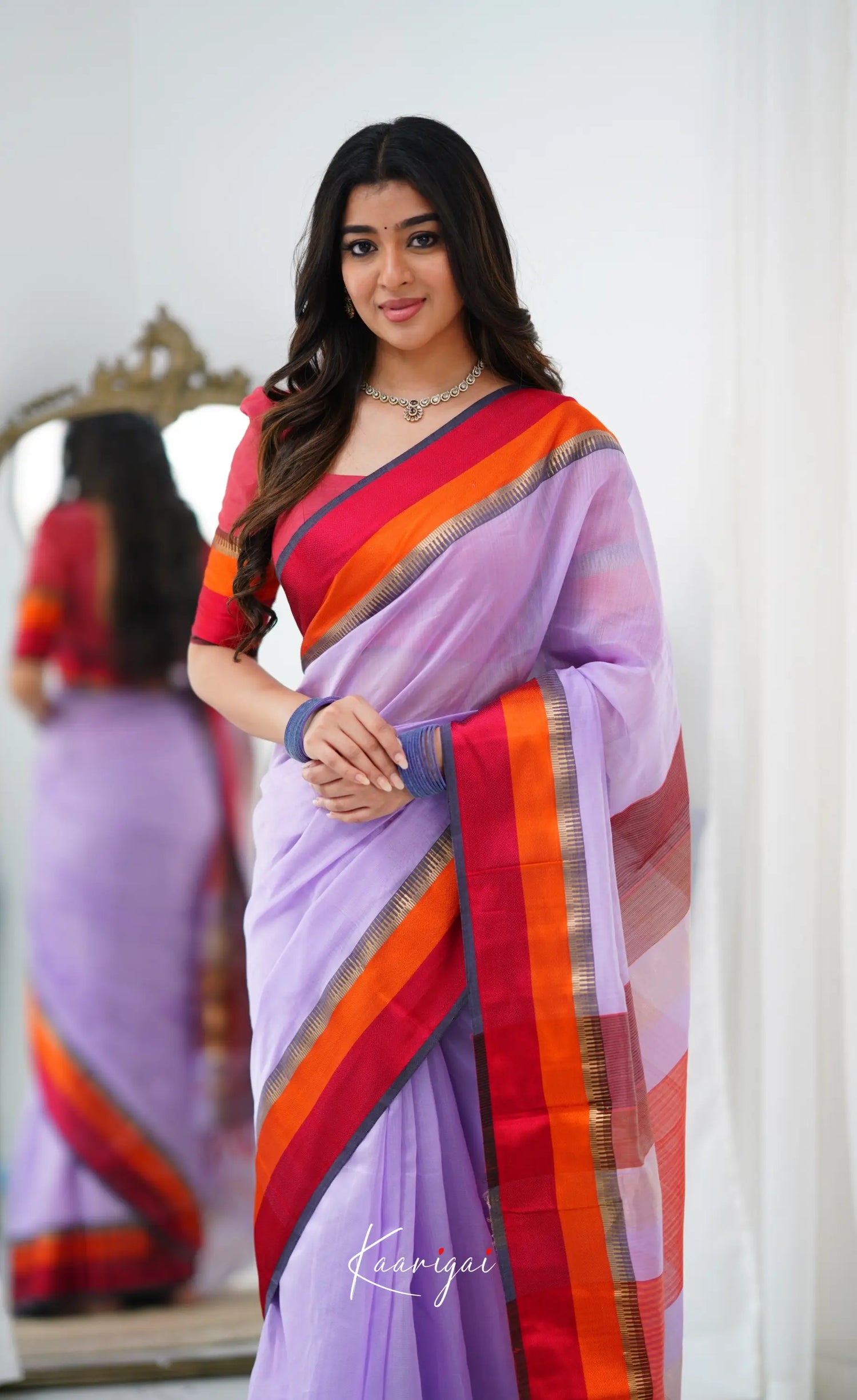 Maanvi Maheswari Silk Cotton Saree - Lavender And Red Sarees