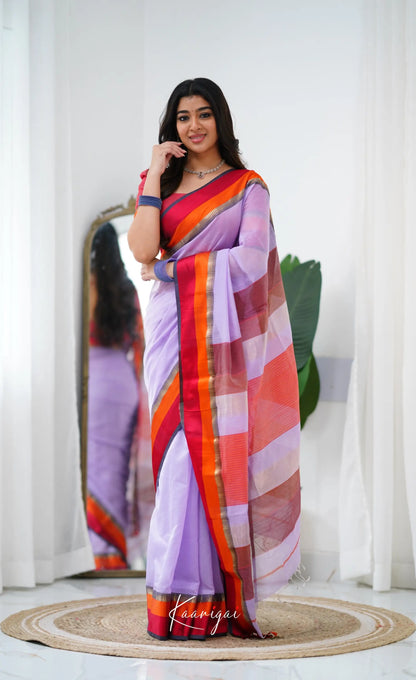 Maanvi Maheswari Silk Cotton Saree - Lavender And Red Sarees