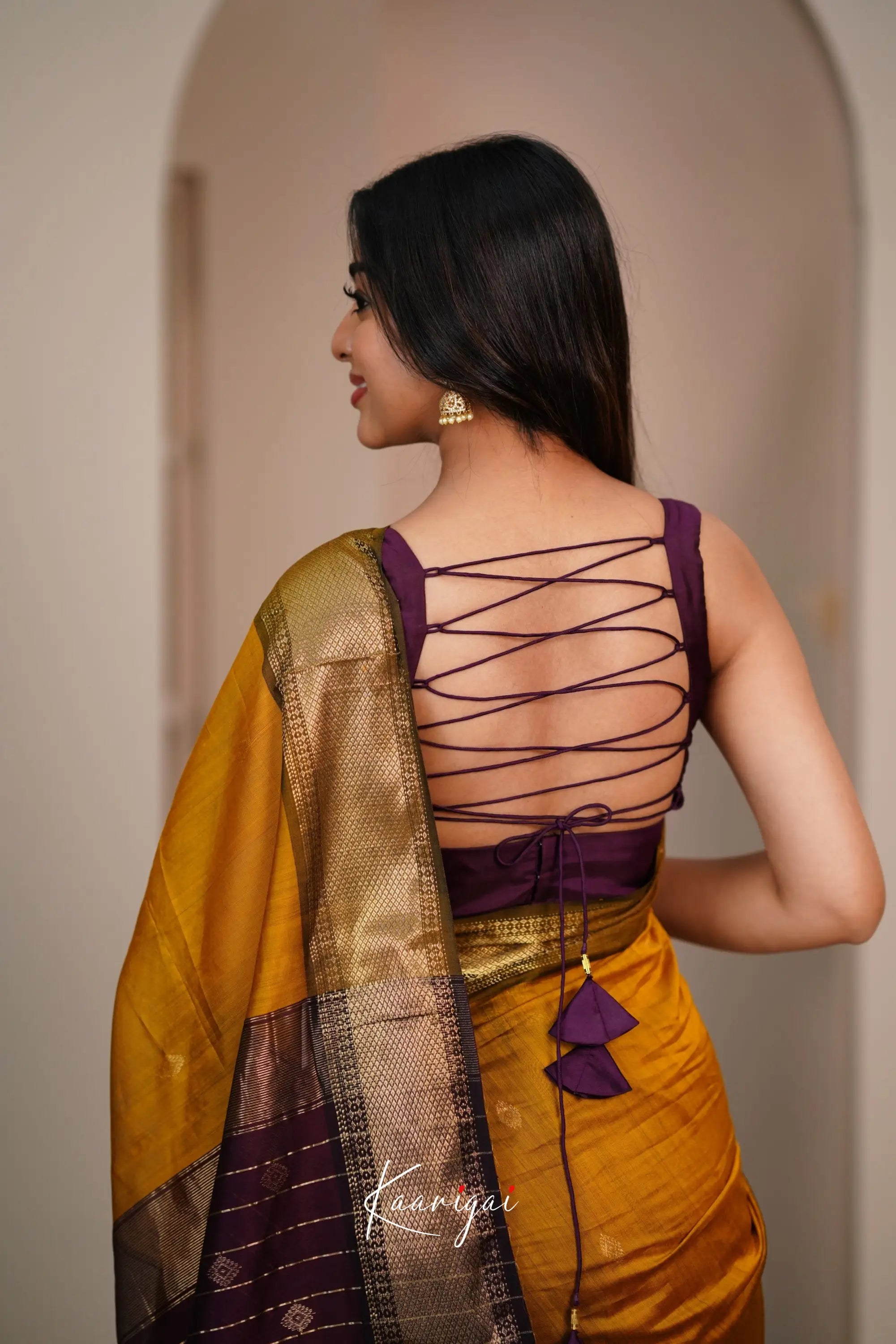 Maanvi Maheswari Silk Cotton Saree - Mustard And Brownish Maroon Sarees