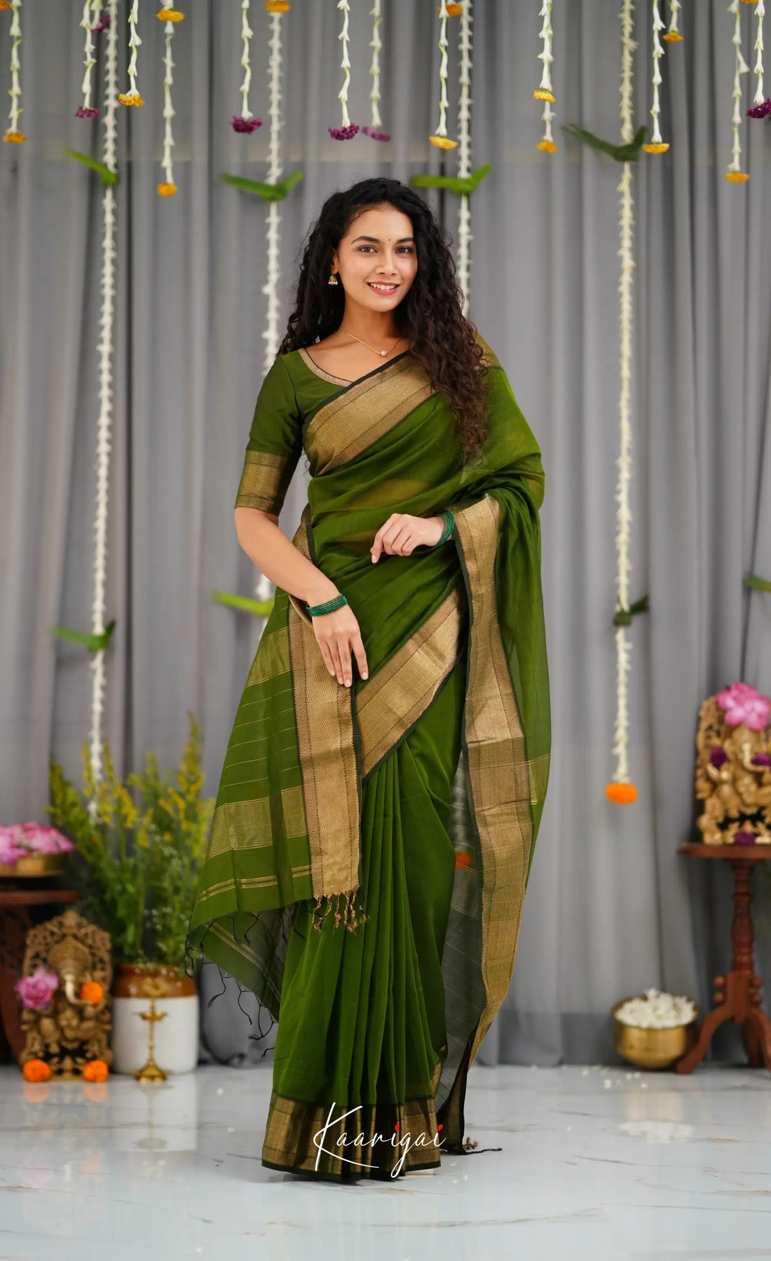 Maanvi Maheswari Silk Cotton Saree - Olive Green Sarees