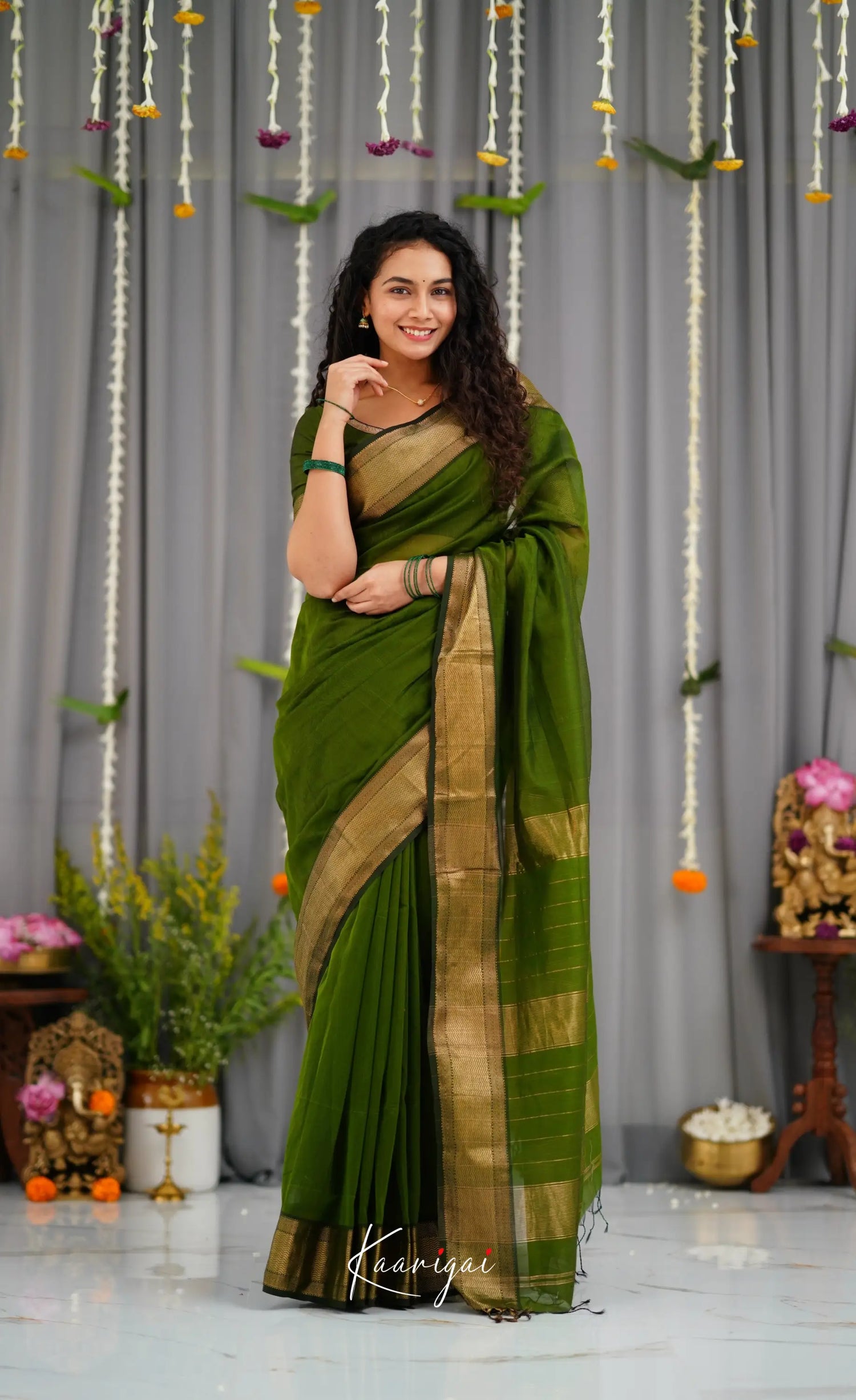 Maanvi Maheswari Silk Cotton Saree - Olive Green Sarees