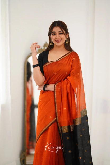 Maanvi Maheswari Silk Cotton Saree - Orange And Black Sarees