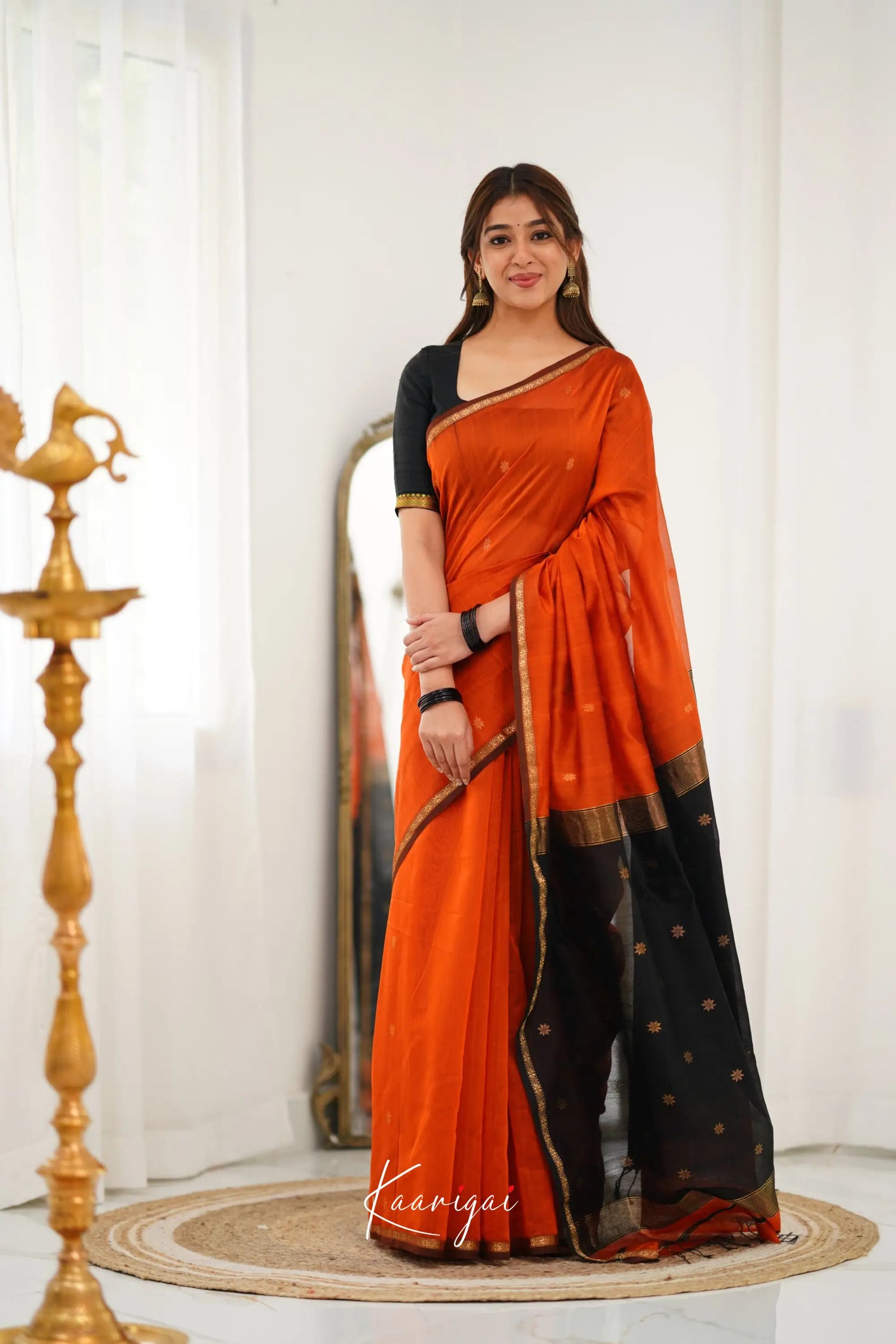 Maanvi Maheswari Silk Cotton Saree - Orange And Black Sarees