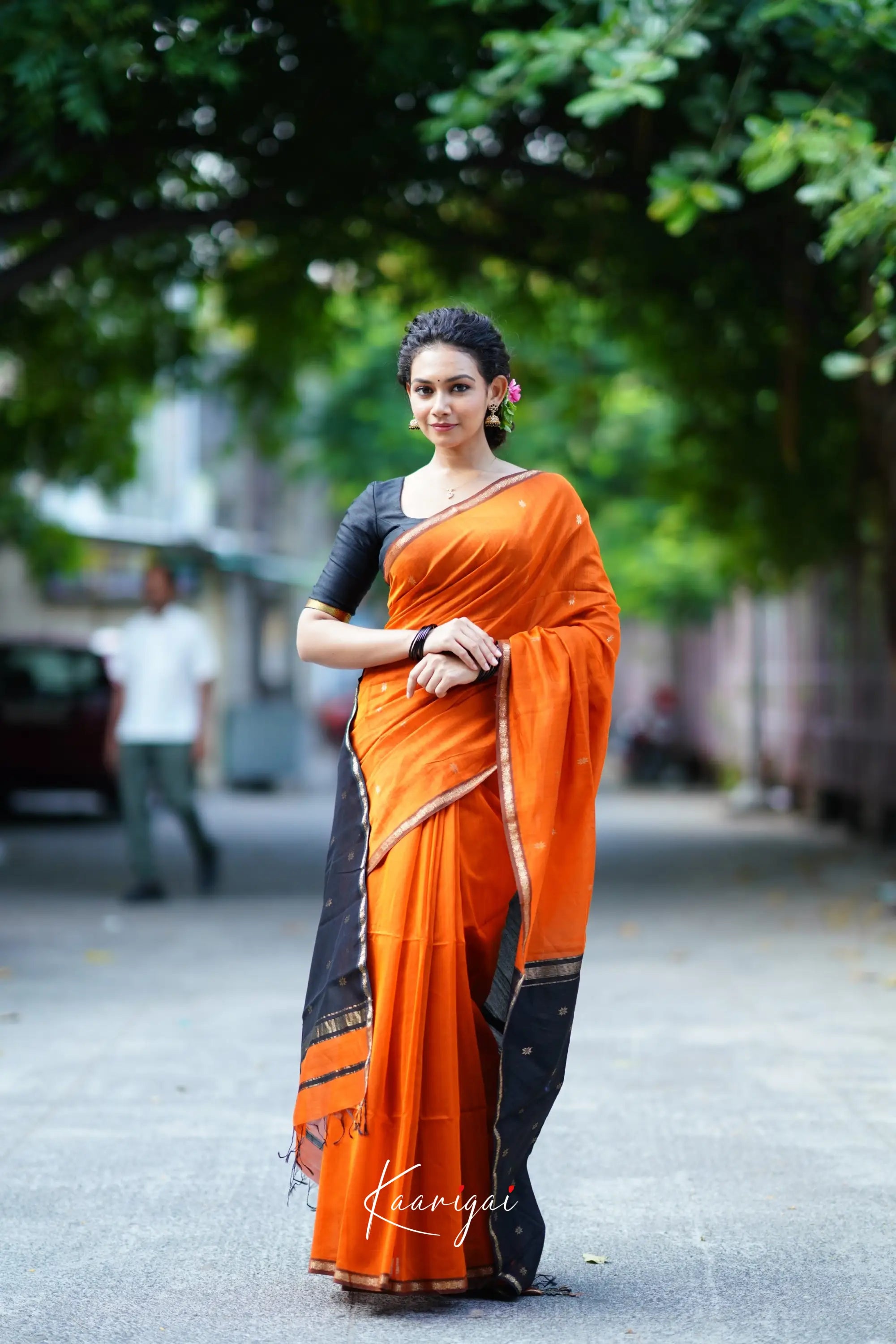 Maanvi Maheswari Silk Cotton Saree - Orange And Black Sarees