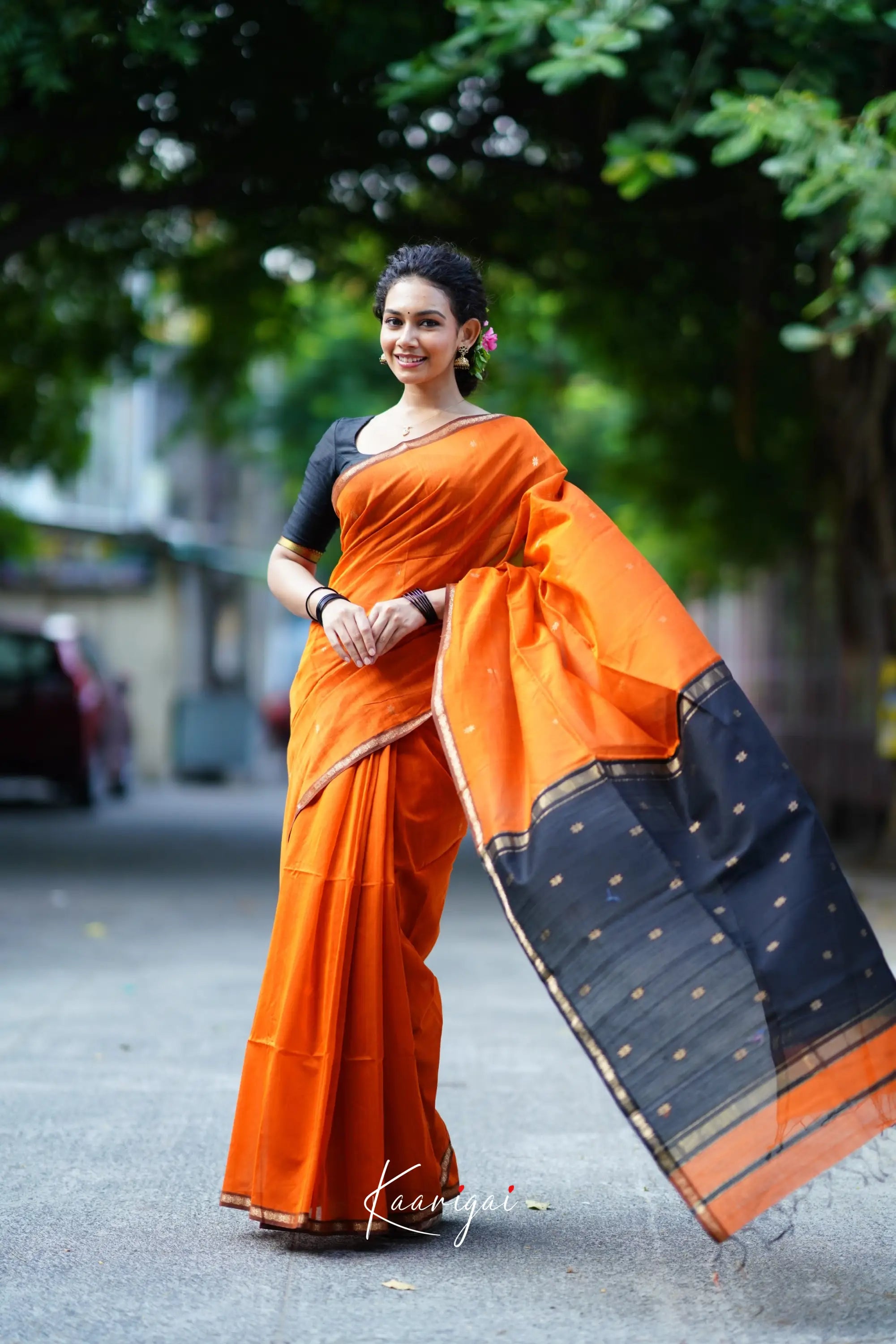 Maanvi Maheswari Silk Cotton Saree - Orange And Black Sarees