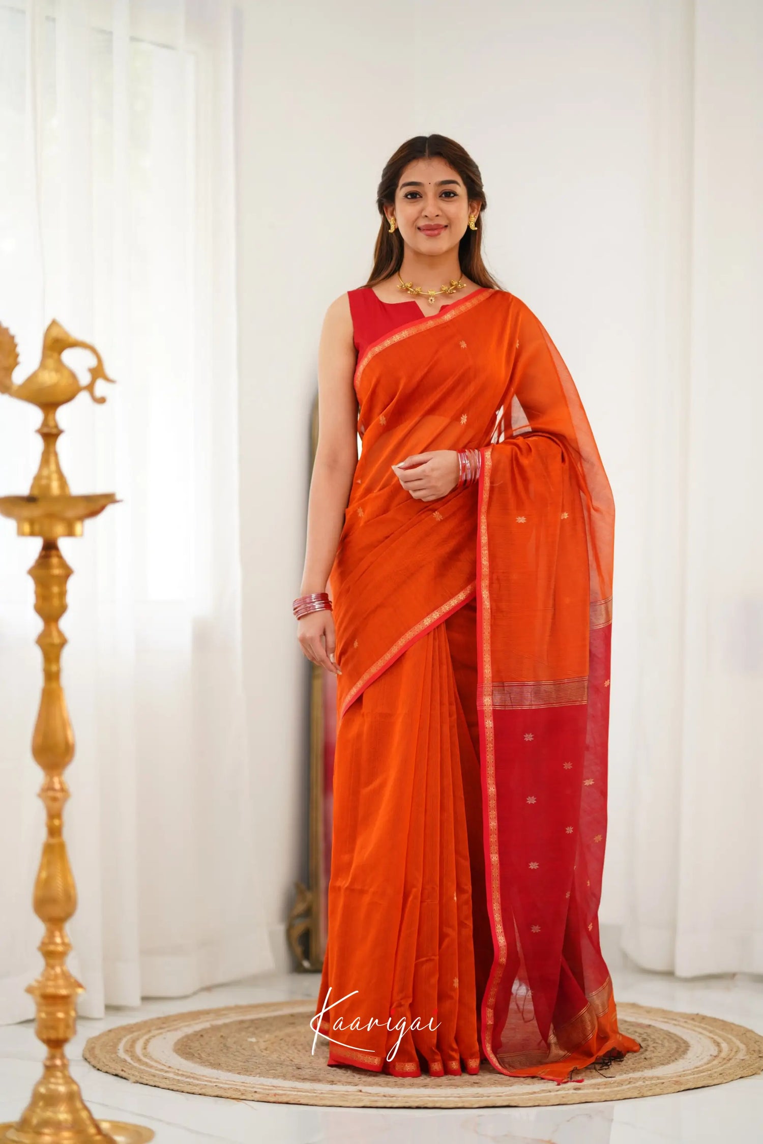 Maanvi Maheswari Silk Cotton Saree - Orange And Red Sarees